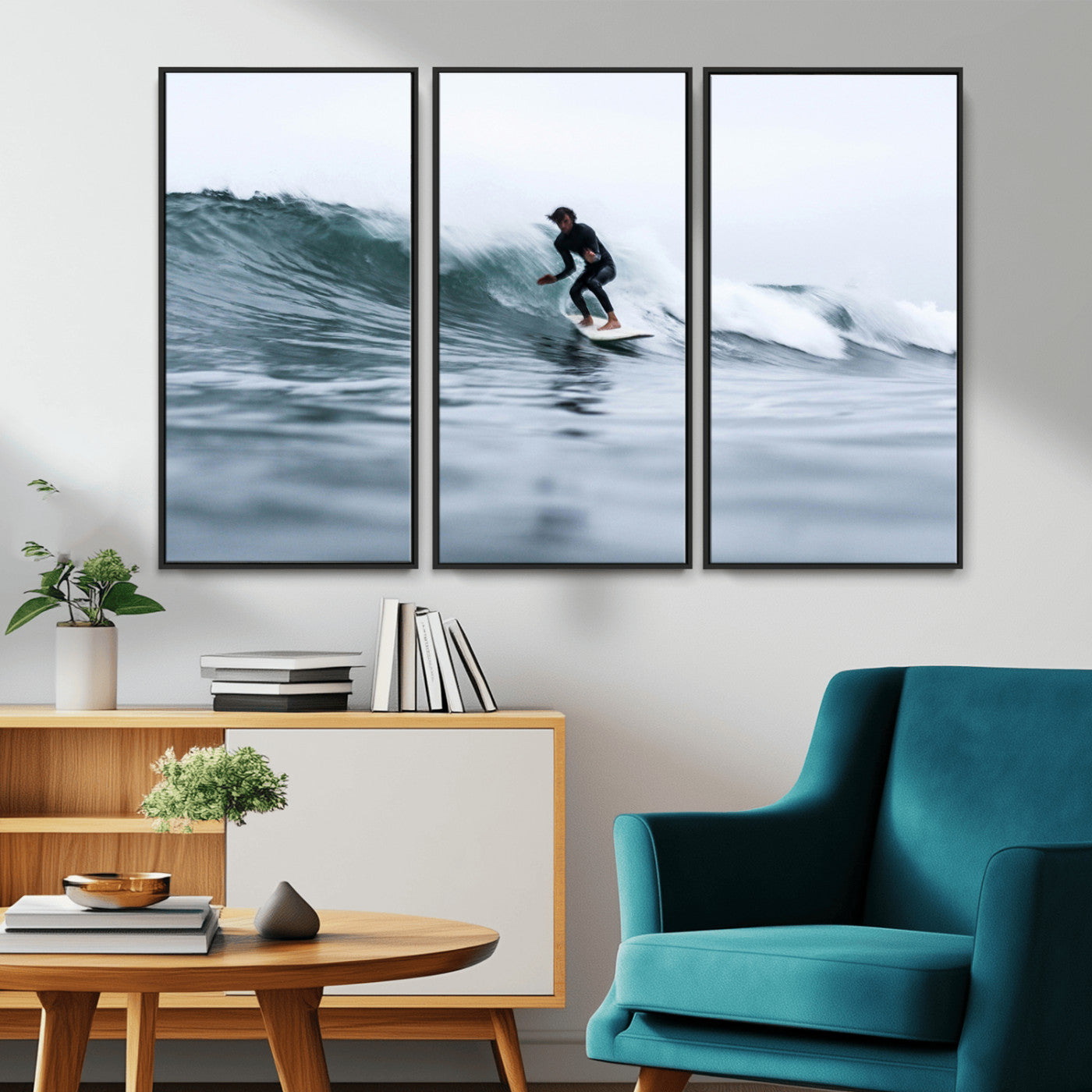 11693607-MGV-CV-36X24-Surfer on Wave Wall Art Canvas Print, Framed Ocean Adventure Art Picture Print, Motion Blur Water Perfect Coastal Adventure Decor