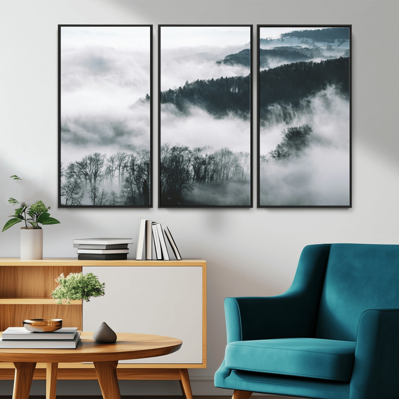 67569654-MGV-CV-36X24-Foggy Forest Wall Art – Mist Covered Hills and Trees Landscape Canvas Print, Moody Nature Photography Decor for Living Room,