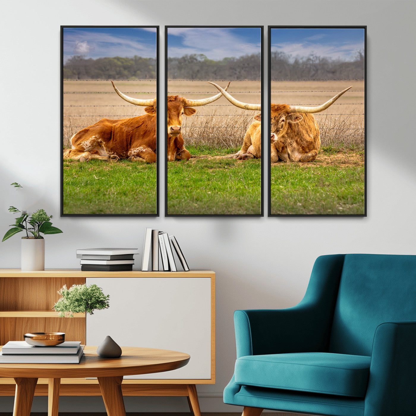 54598515-MGV-CV-36X24-Texas Longhorns Wall Art – Rustic Cattle Ranch Canvas Print, Western Farmhouse Animal Photography Decor for Living Room, Office,