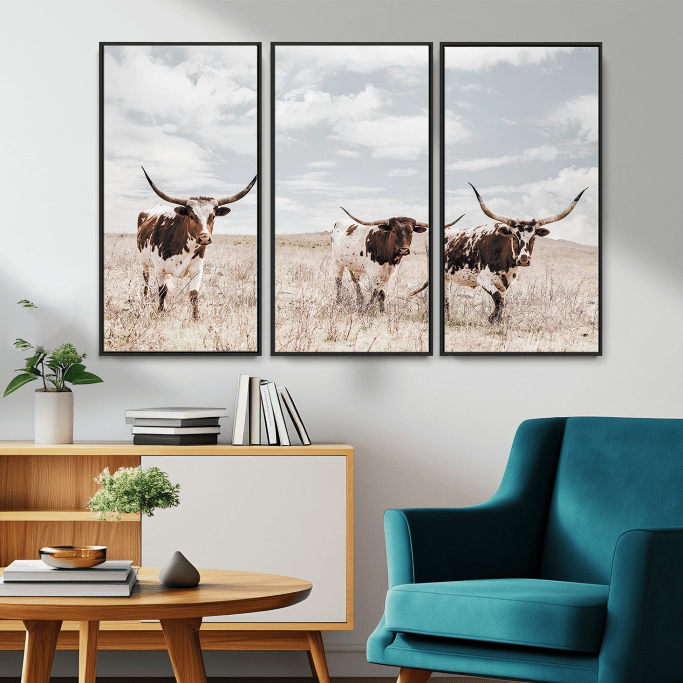 65621083-MGV-FC-48X32-3P_Black-Texas Longhorn Wall Art – Rustic Western Cattle Canvas Print, Southwestern Ranch Photography Decor for Living Room, Office,