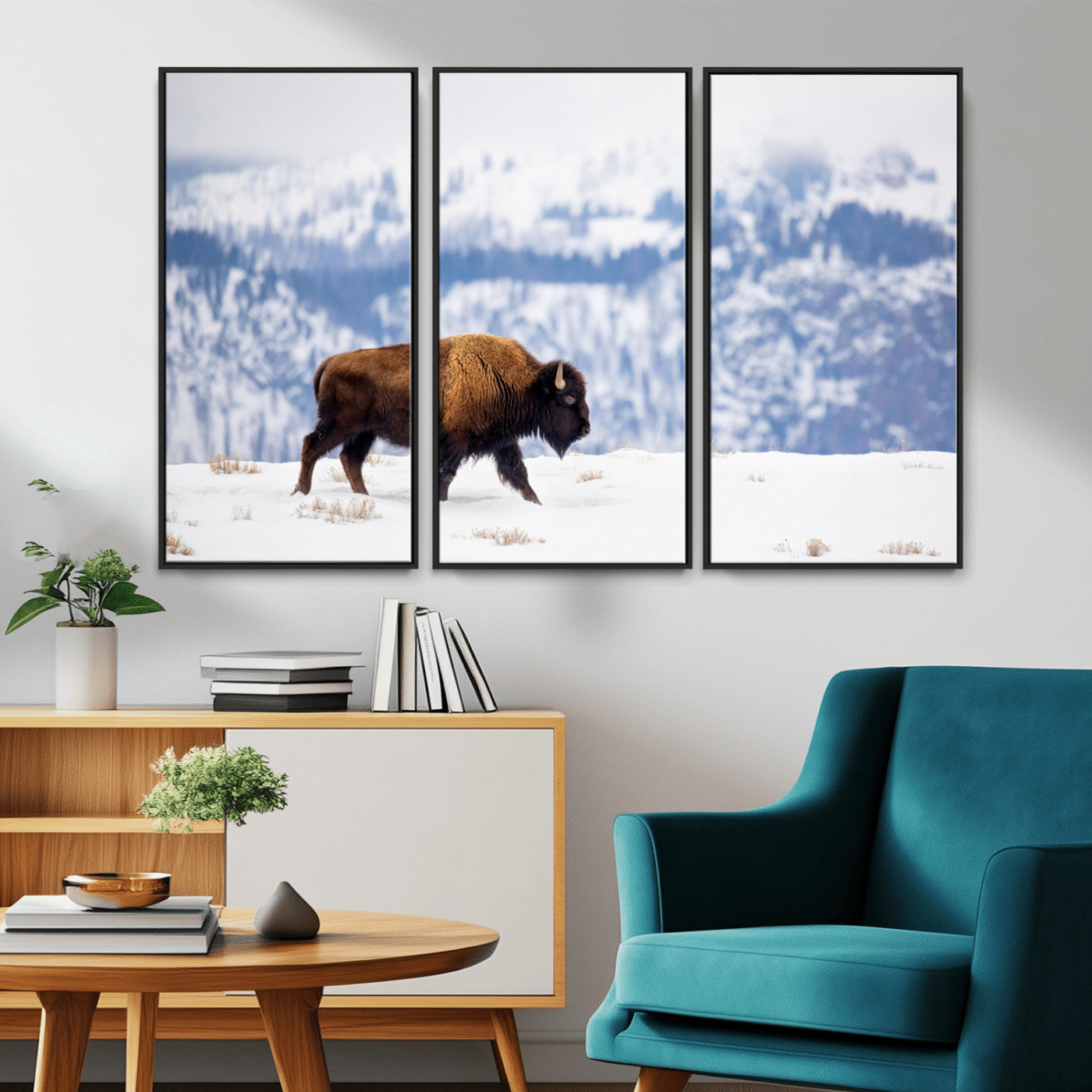 21623194-MGV-CV-36X24-Snow Bison Wall Art – Majestic Buffalo Wildlife Canvas Print, Winter Nature Décor for Rustic Living Room, Farmhouse, Cabin, Lodge