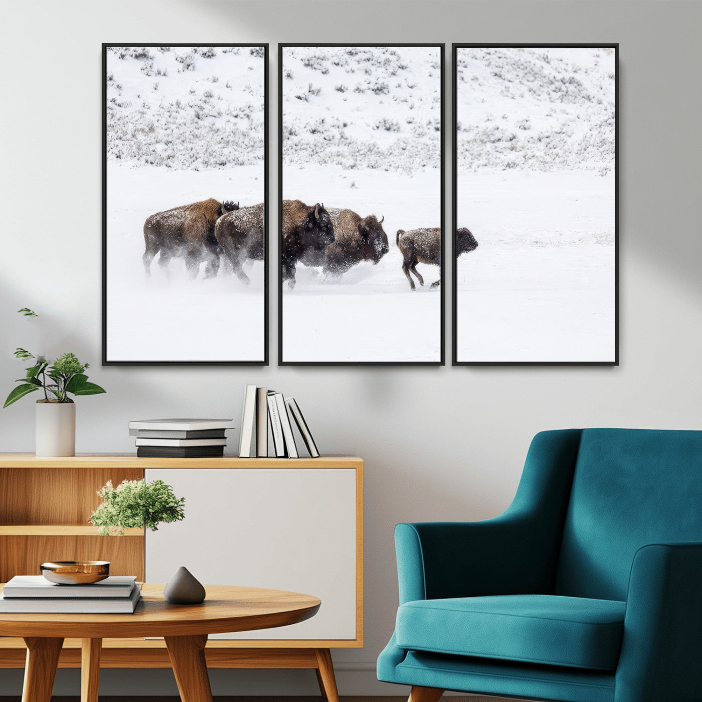 61161423-MGV-CV-36X24-Running Bison Herd Wall Art – Winter Buffalo Canvas Print, Wildlife Photography Decor for Rustic Living Room, Farmhouse, Lodge,