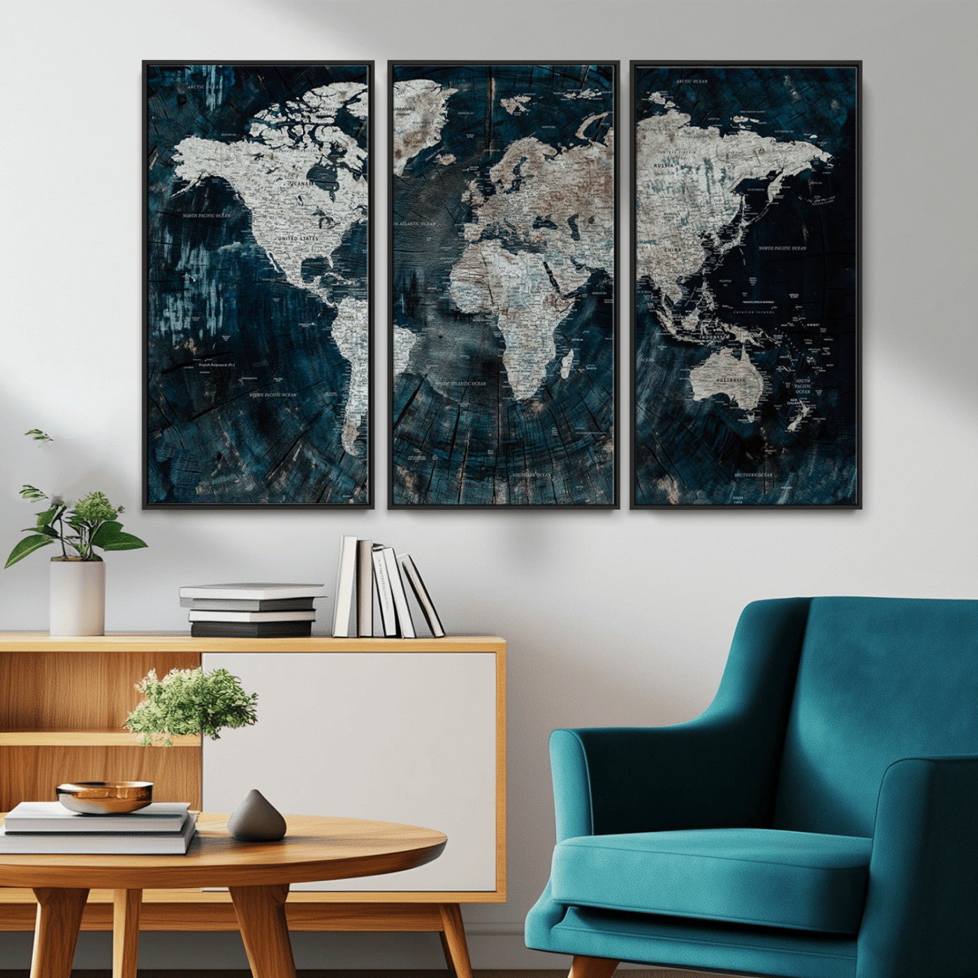 34425609-MGV-CV-36X24-World Map Wall Art – Rustic Navy and Grey Atlas Canvas Print, Distressed Explorer Map Artwork, Industrial Style Decor for Office,