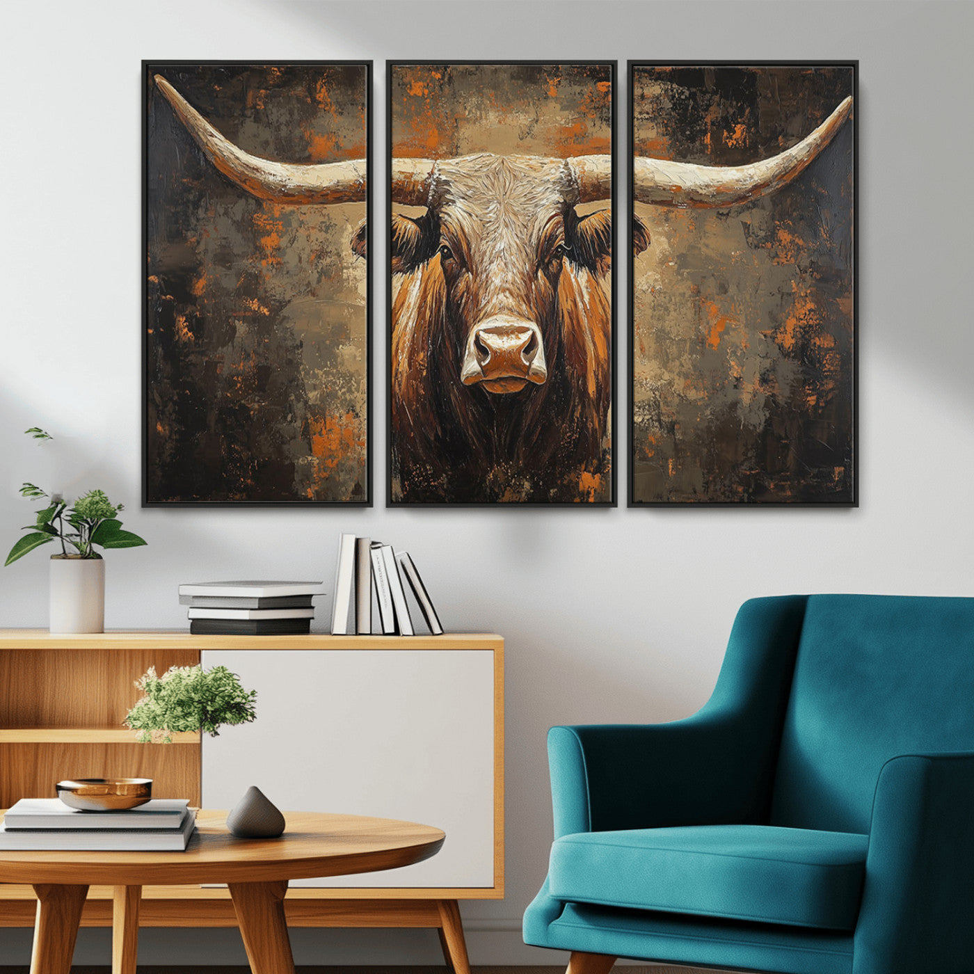 19204445-MGV-CV-36X24-Texas Longhorn Bull Wall Art – Rustic Western Canvas Print, Bold Cowboy Cattle Painting for Ranch House, Farmhouse, Office, or