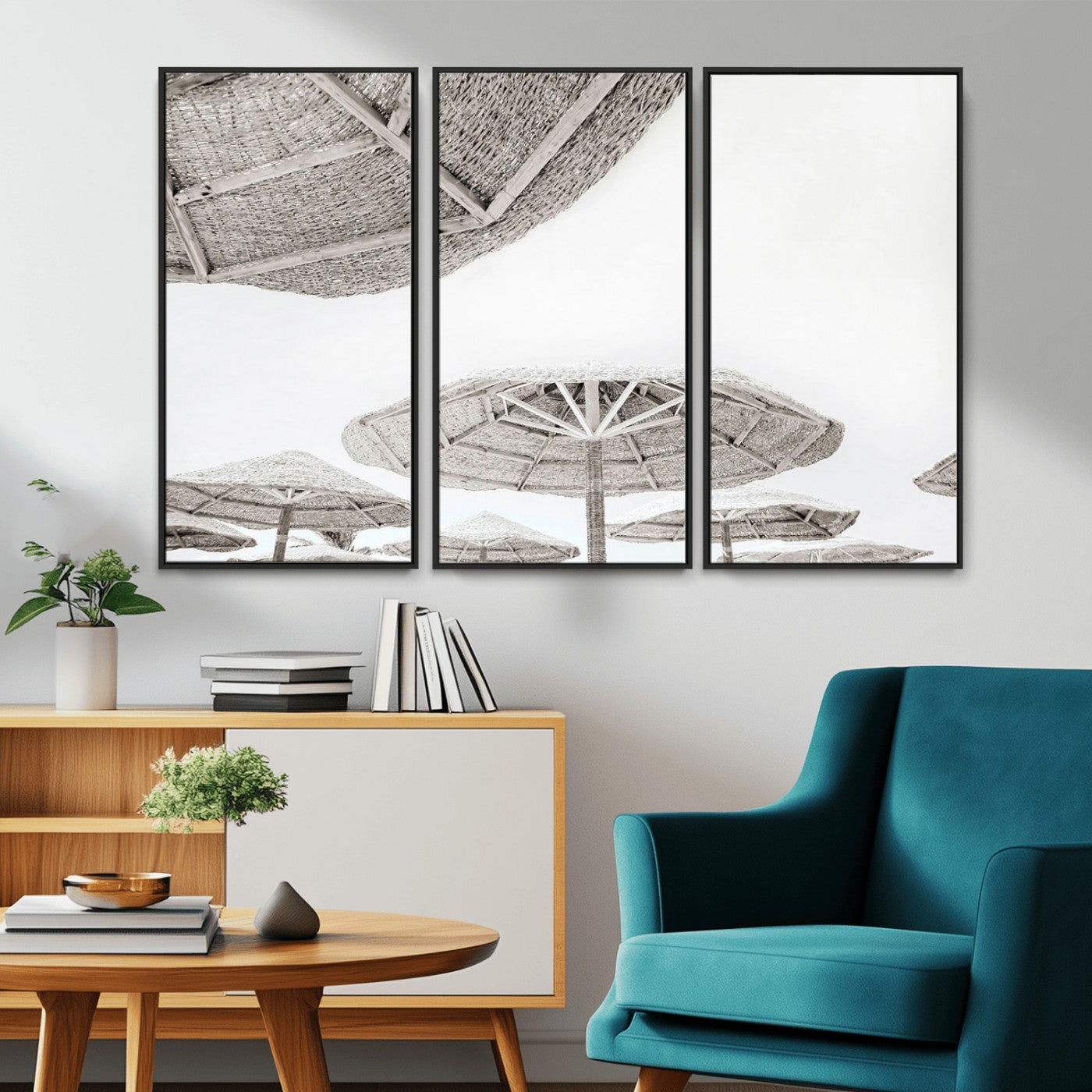 97043123-MGV-CV-36X24-Beach Umbrella Wall Art – Minimalist Coastal Canvas Print, Woven Parasol Summer Decor for Bedroom, Living Room, or Modern Beach