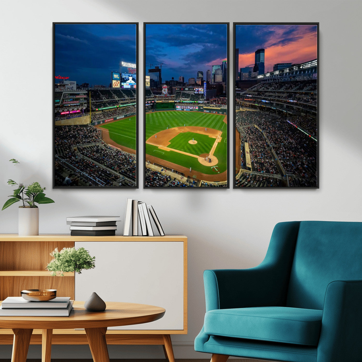 68222753-MGV-FC-48X32-3P_Black-Baseball Stadium Wall Art – Panoramic Night Game Canvas Print, Sports Decor for Man Cave, Office, Bar, or Living Room