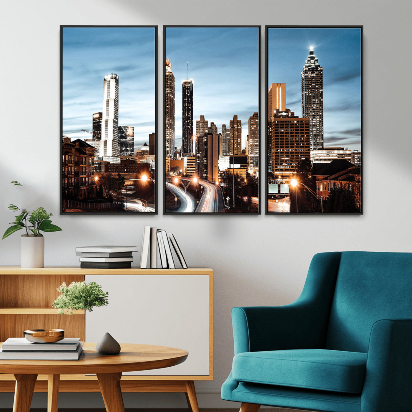 23859158-MGV-CV-36X24-Atlanta Skyline Wall Art – Modern Cityscape Canvas Print with Night Lights and Traffic Trails, Urban Decor for Office, Apartment,