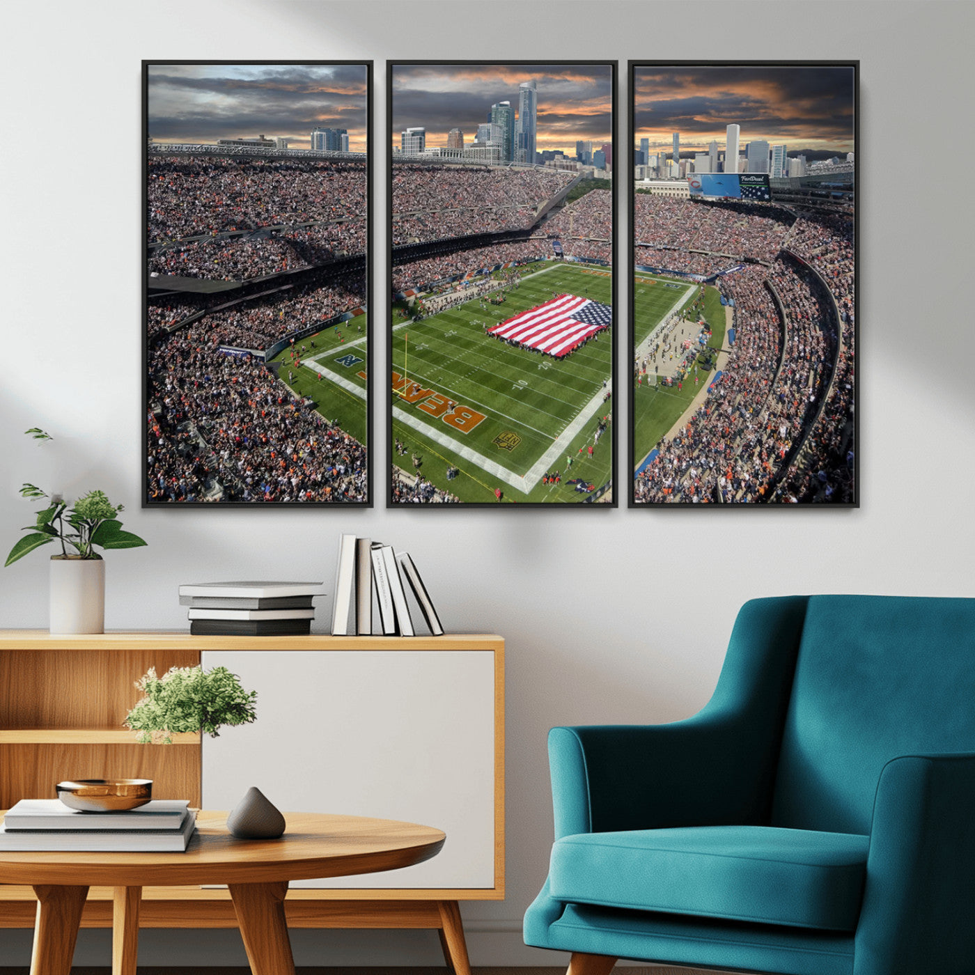 98106777-MGV-CV-36X24-Soldier Field Wall Art – Chicago Bears Stadium Canvas Print with American Flag, Game Day Football Decor for Man Cave, Bar, or