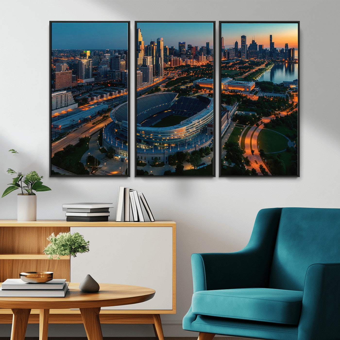 36690345-MGV-CV-36X24-Soldier Field Wall Art – Chicago Bears Stadium Aerial Night Canvas Print, City Skyline Football Decor for Living Room, Office, or