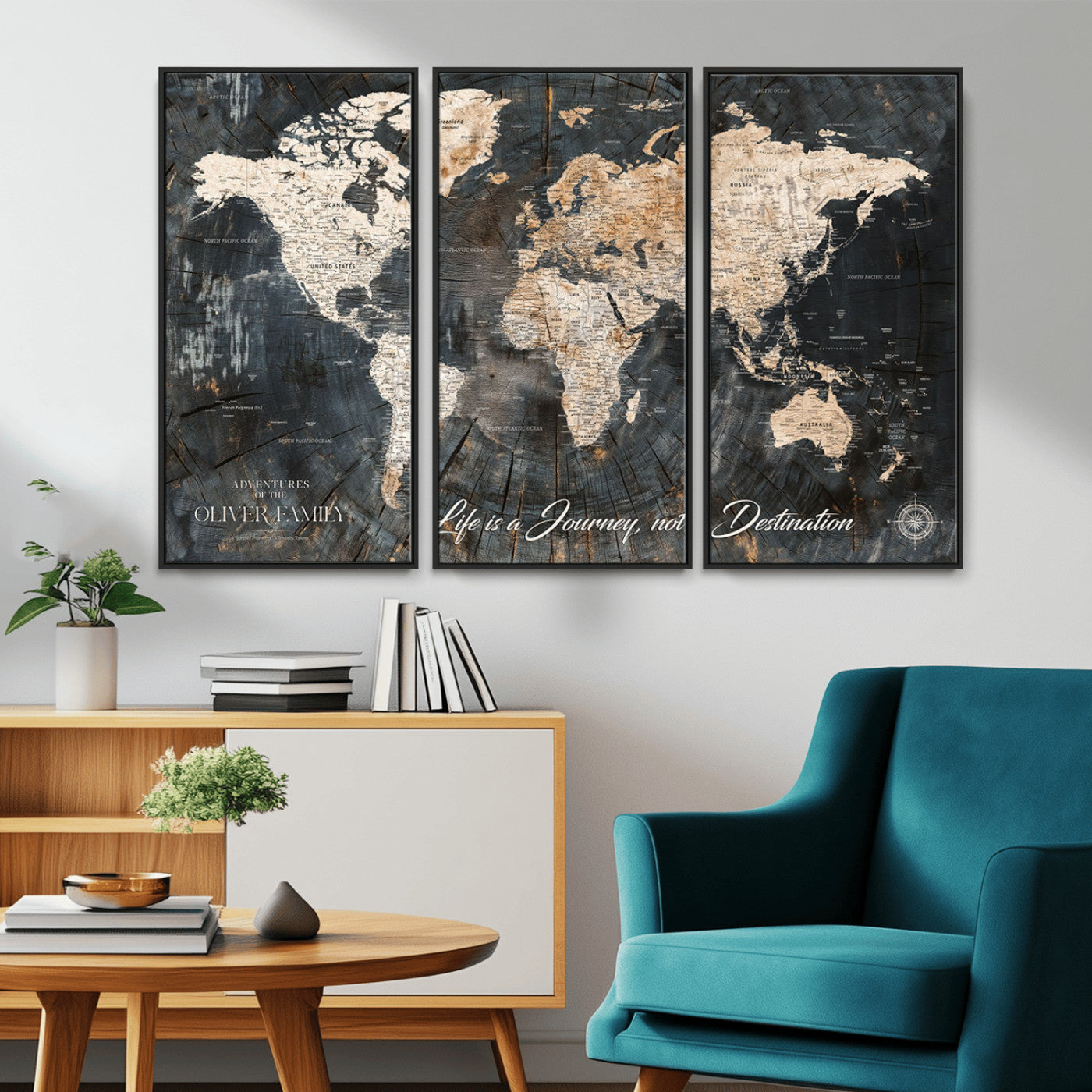 37848568-MGV-CV-36X24-Life is a Journey Not a Destination World Map Rustic Wood Texture Vintage Beige Navy Adventure Wall Art Canvas Print for Home