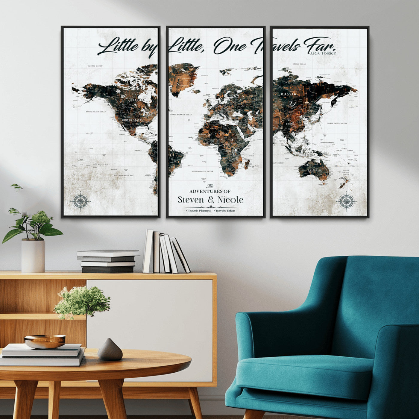 88337180-MGV-CV-36X24-Little by Little One Travels Far Tolkien Quote World Map Rustic Black Brown Adventure Wall Art Canvas Print for Home Office Living