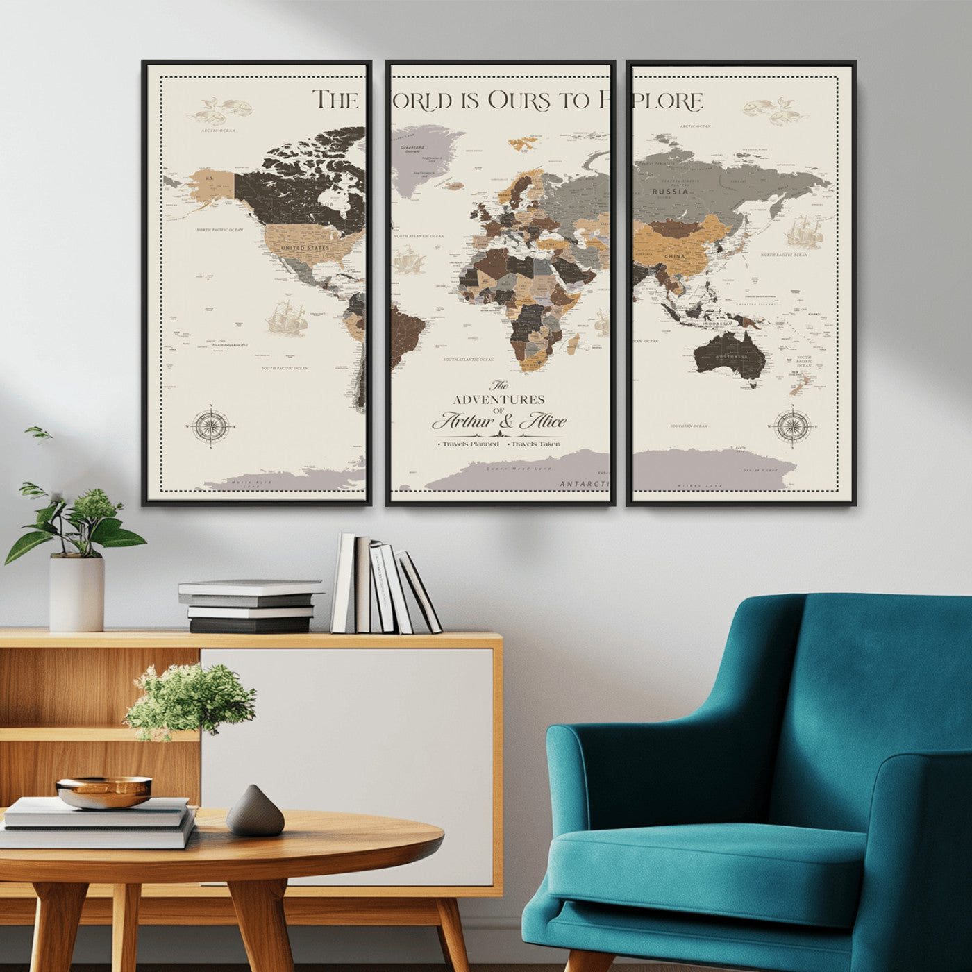 90024882-MGV-CV-36X24-The World is Ours to Explore Wall Art – Earth Tone World Map Canvas Print, Adventure Travel Decor for Living Room, Office or