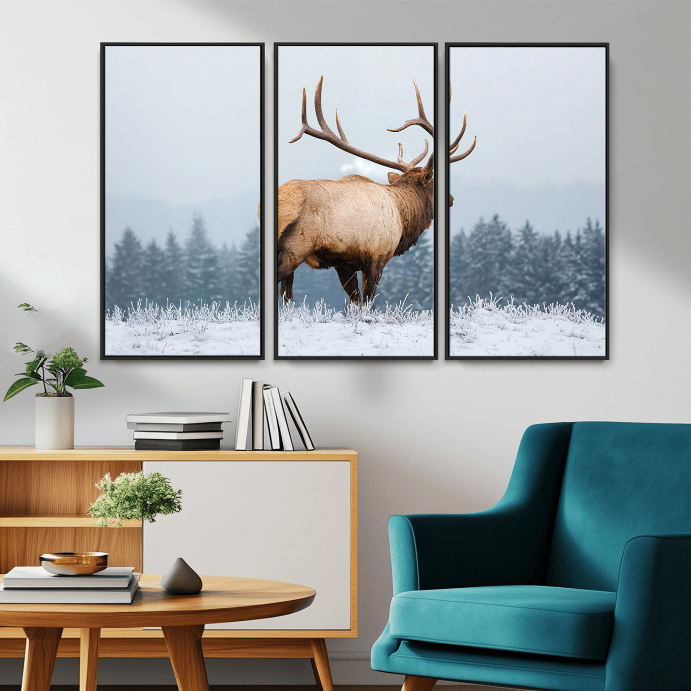 85177251-MGV-CV-36X24-Elk Wall Art – Majestic Wildlife Canvas Print of Bull Elk Snowy Forest, Rustic Nature Decor for Living Room, Cabin, or Office