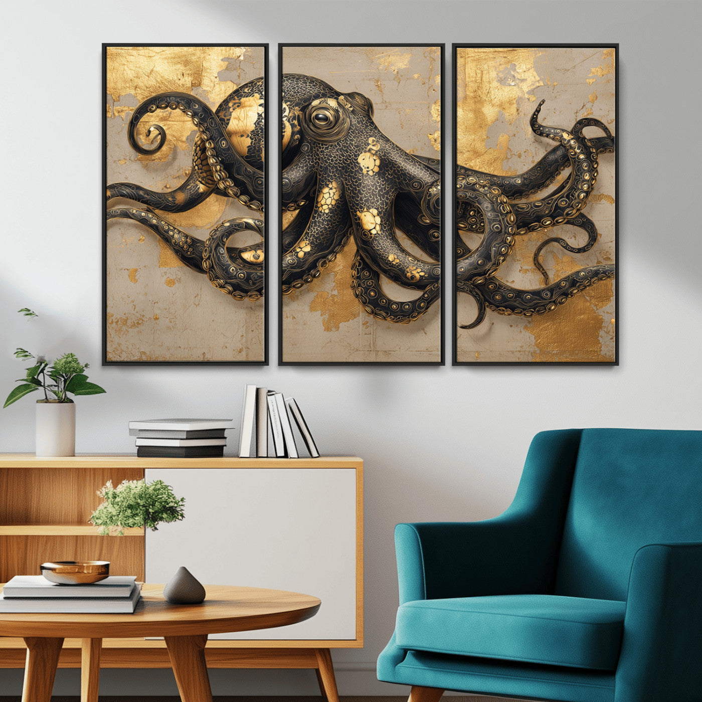 57944271-MGV-CV-36X24-Octopus Wall Art – Black and Gold Nautical Canvas Print, Modern Ocean Inspired Artwork with Elegant Detailing, Coastal Marine