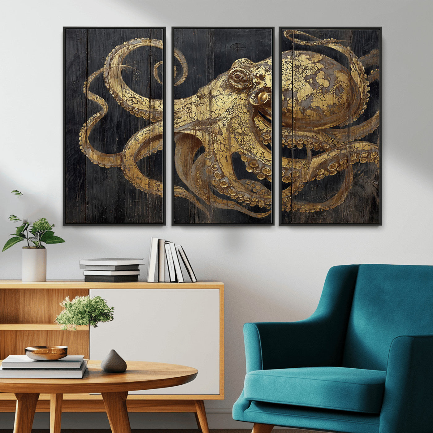 47056538-MGV-CV-36X24-Octopus Wall Art – Gold Nautical Canvas Print with Rustic Wood Texture, Marine Creature Artwork for Coastal Ocean Decoration in