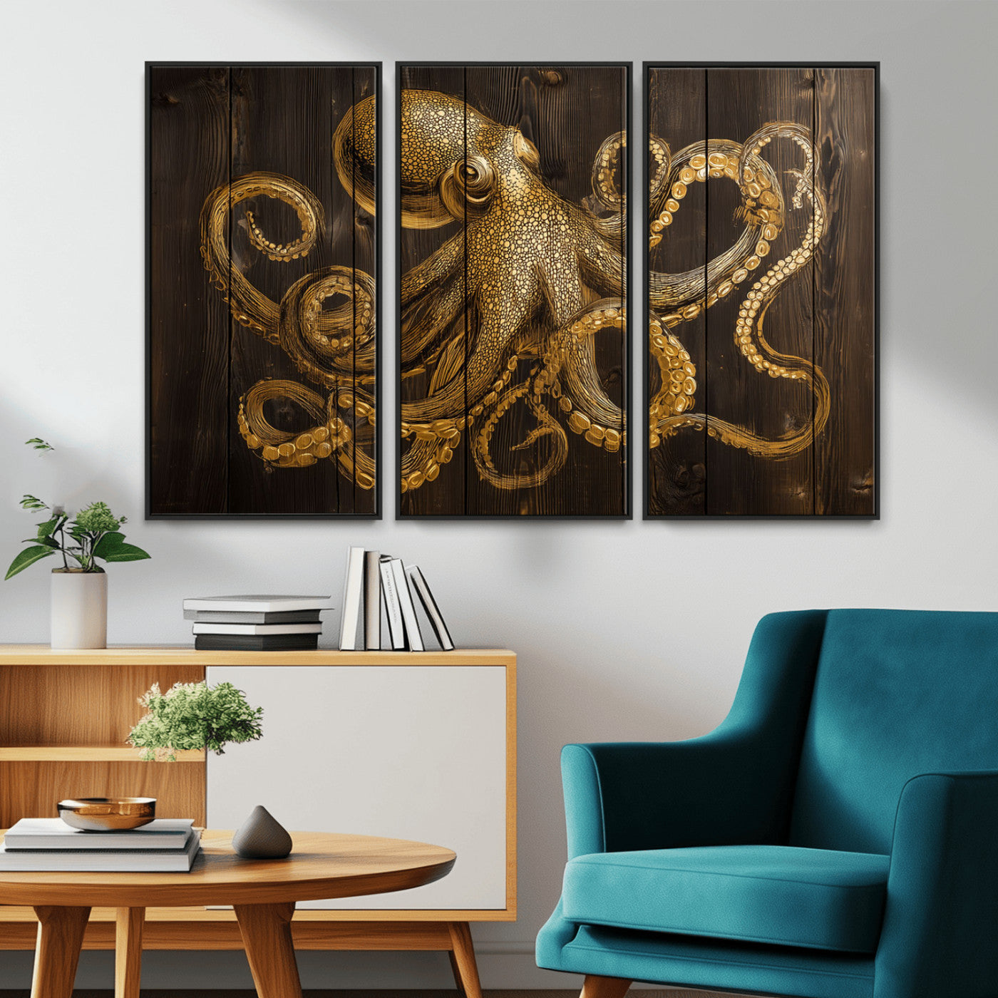 56769669-MGV-CV-36X24-Octopus Wall Art – Gold Nautical Canvas Print with Rustic Wood Panel Design, Detailed Marine Artwork for Coastal Ocean Decoration