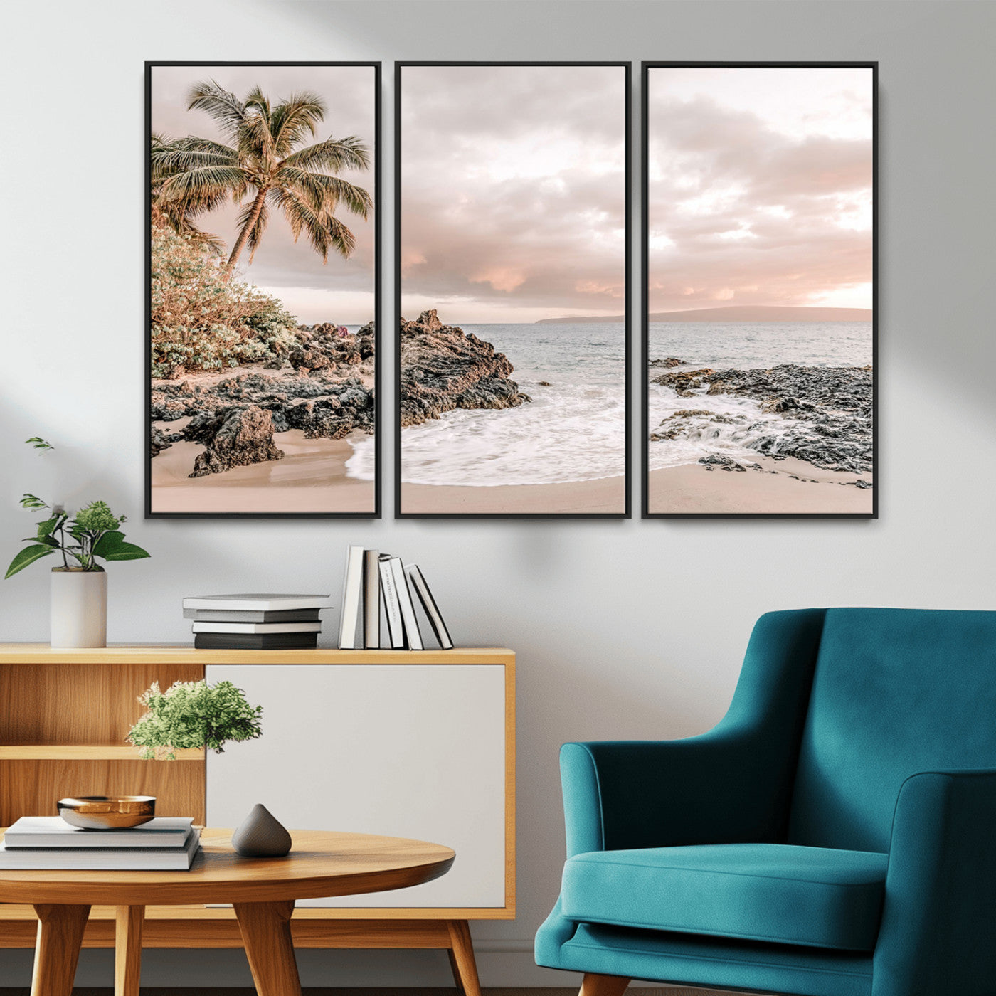 18005328-MGV-CV-36X24-Tropical Beach Wall Art – Coastal Ocean Canvas Print with Palm Tree, Sunset Sky and Rocky Shore, Serene Seascape Photography for