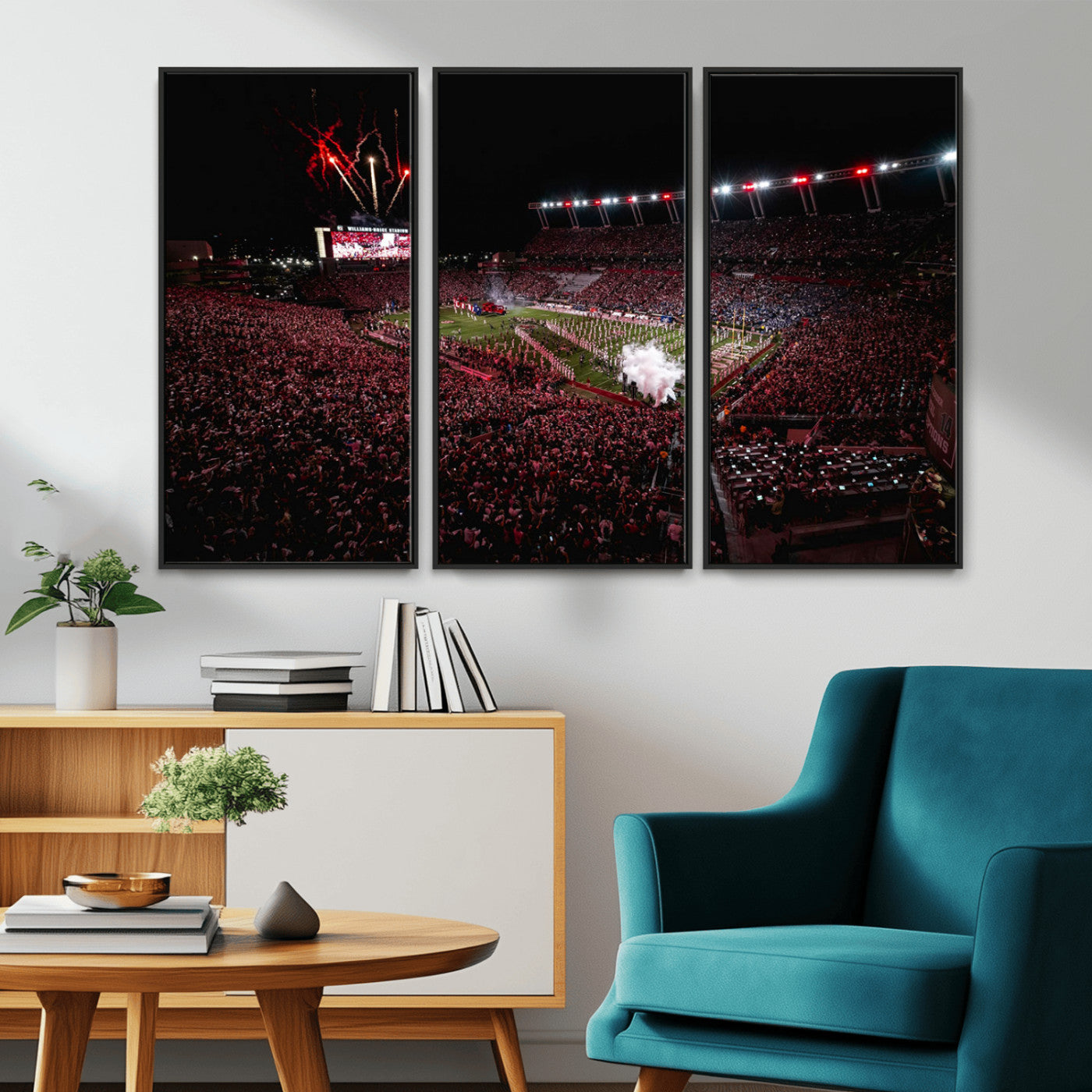 60690191-MGV-CV-36X24-Stadium Wall Art – Night Game Football Canvas Print with Fireworks, Marching Band and Crowd, Panoramic Sports Photography for Man