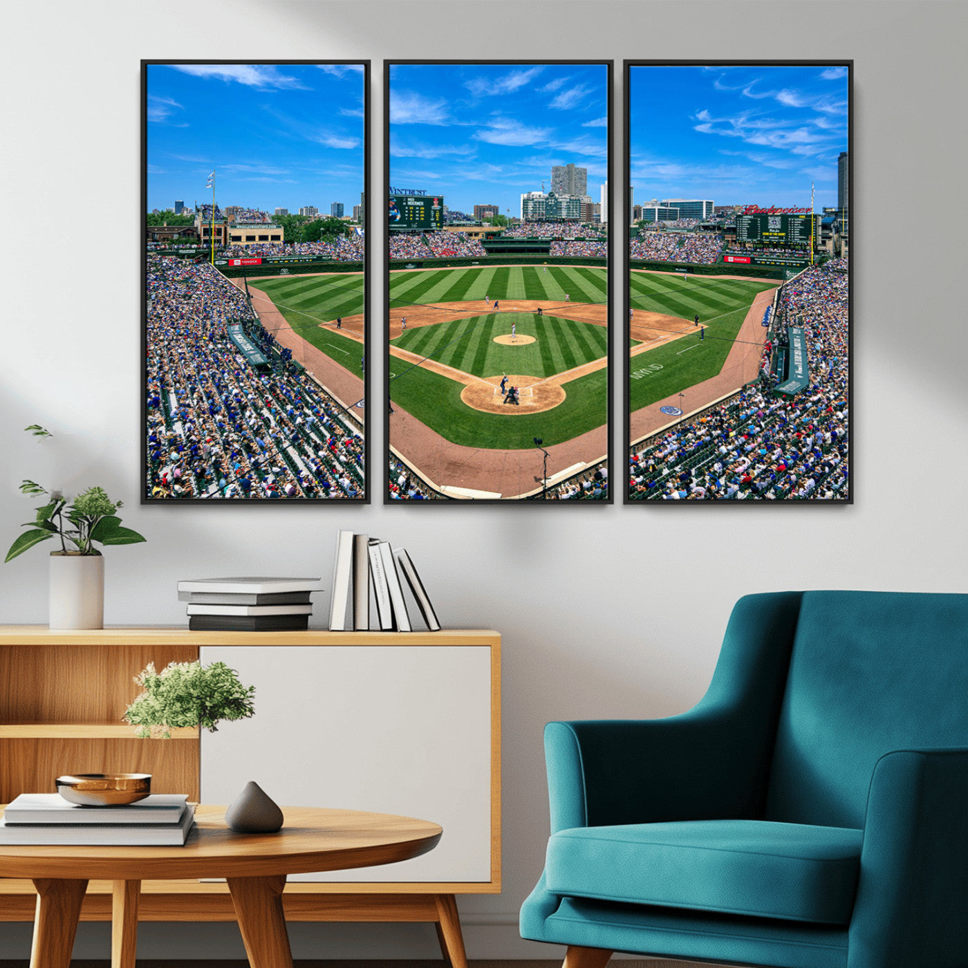 56213978-MGV-CV-36X24-Baseball Stadium Wall Art – Panoramic Ballpark Canvas Print with Fans, Green Field and City Skyline, Classic Sports Photography
