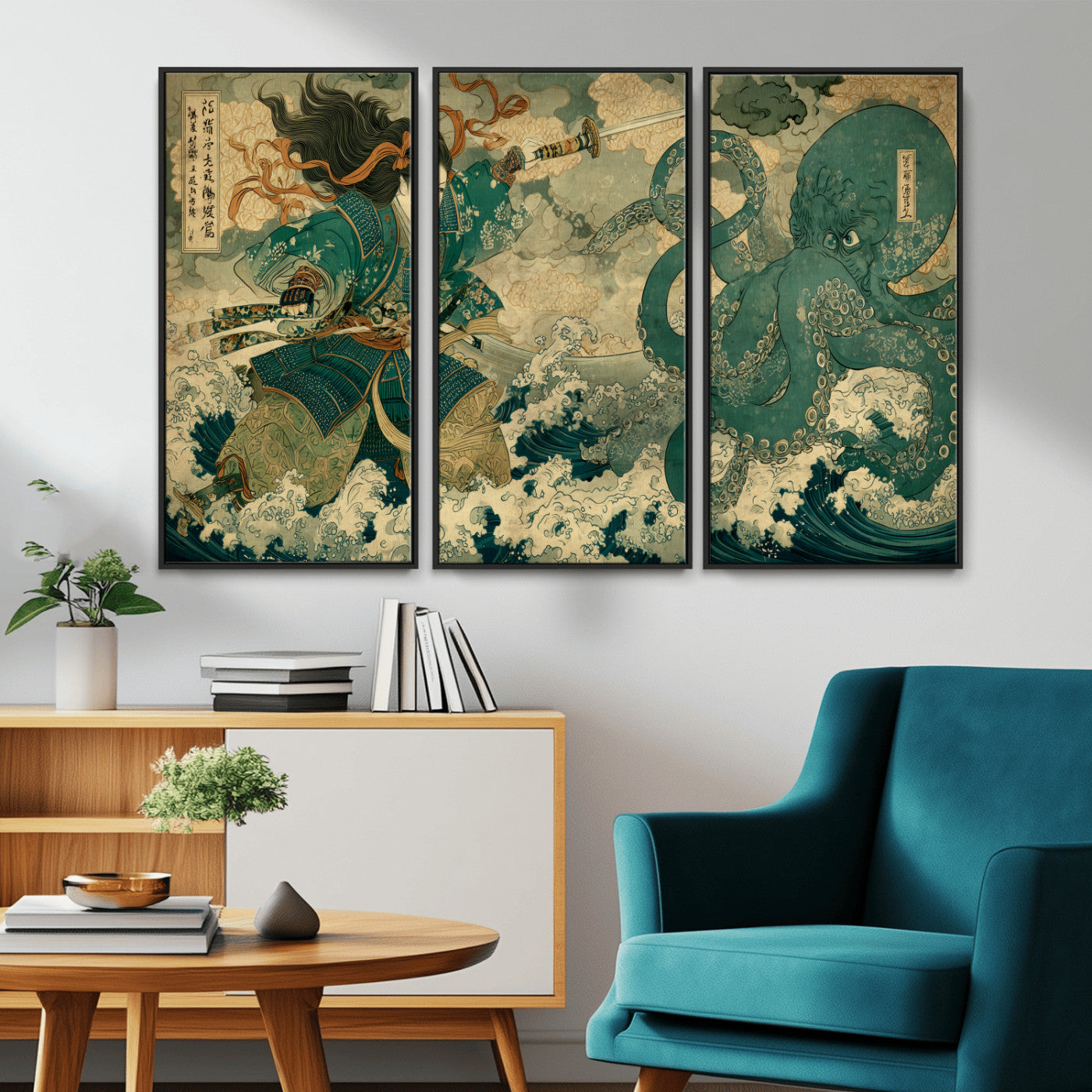 24416422-MGV-CV-36X24-Samurai vs Octopus Wall Art – Japanese Warrior Ocean Battle Canvas Print, Ukiyo e Inspired Decor for Home, Office, or Man Cave