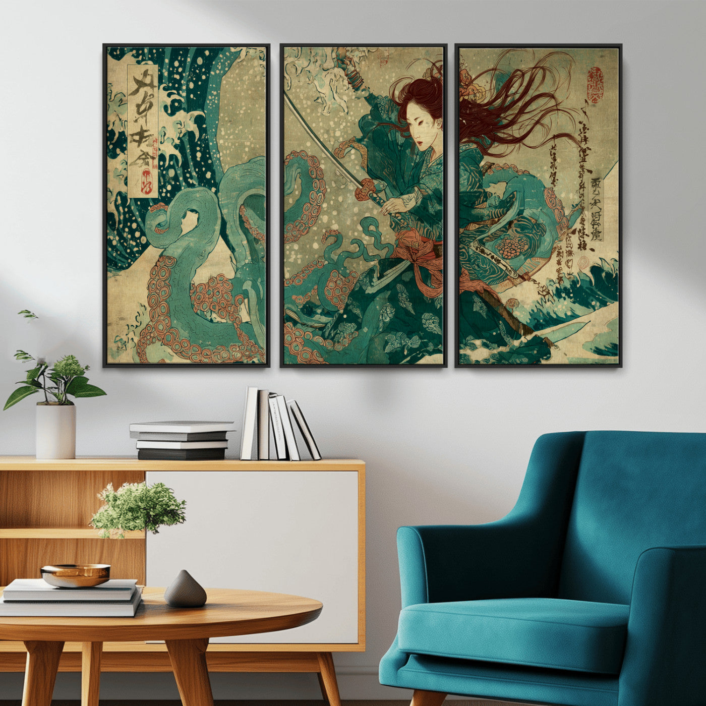 86918027-MGV-CV-36X24-Tsukioka Yoshitoshi Samurai Wall Art Print, Japanese Katana Warrior Canvas Wall Art, Octopus Sea Monster Canvas Print,
