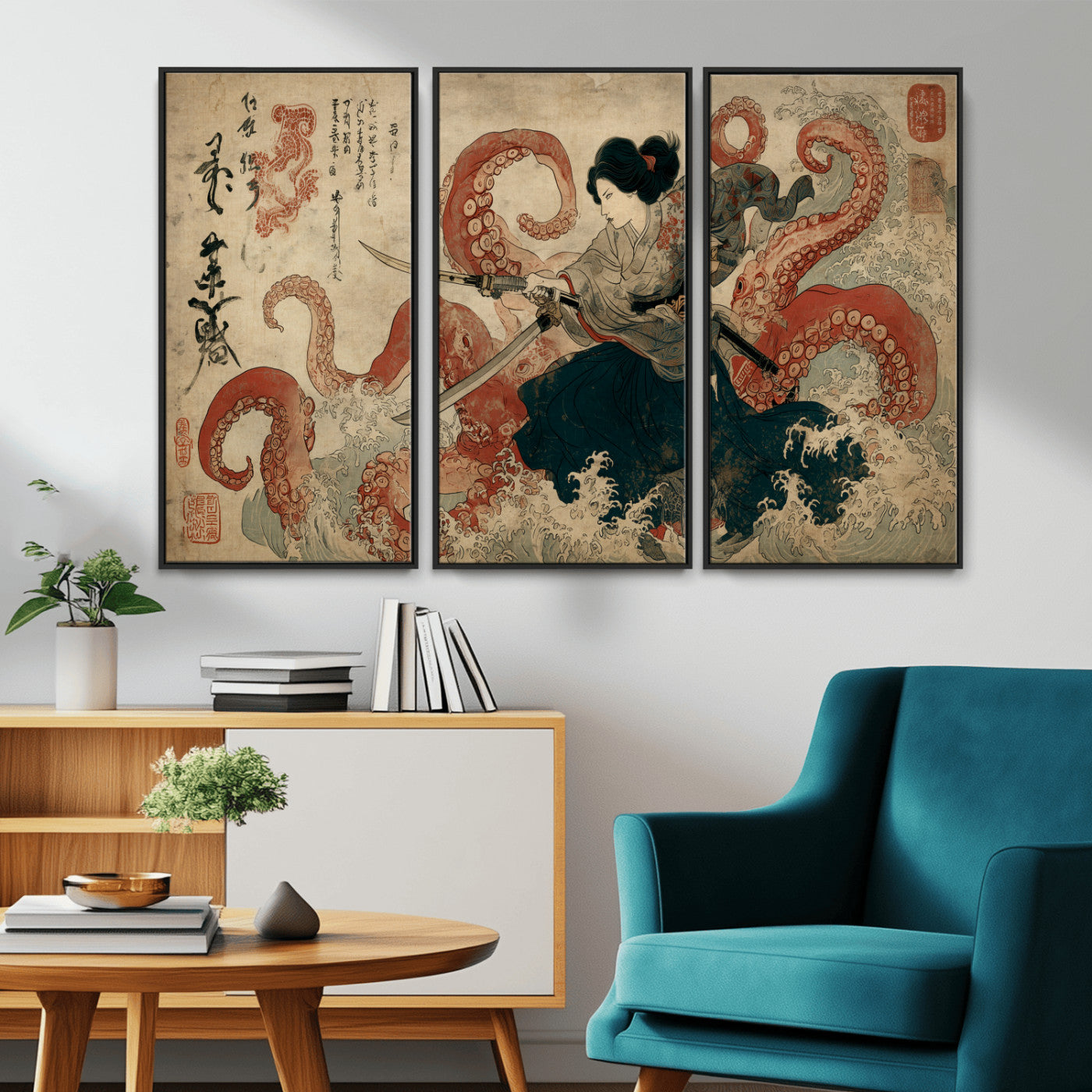 50812504-MGV-CV-36X24-Samurai Woman vs Octopus Wall Art – Japanese Ukiyo-e Red Tentacle Canvas Print, Ocean Battle Artwork for Living Room, Office, Man