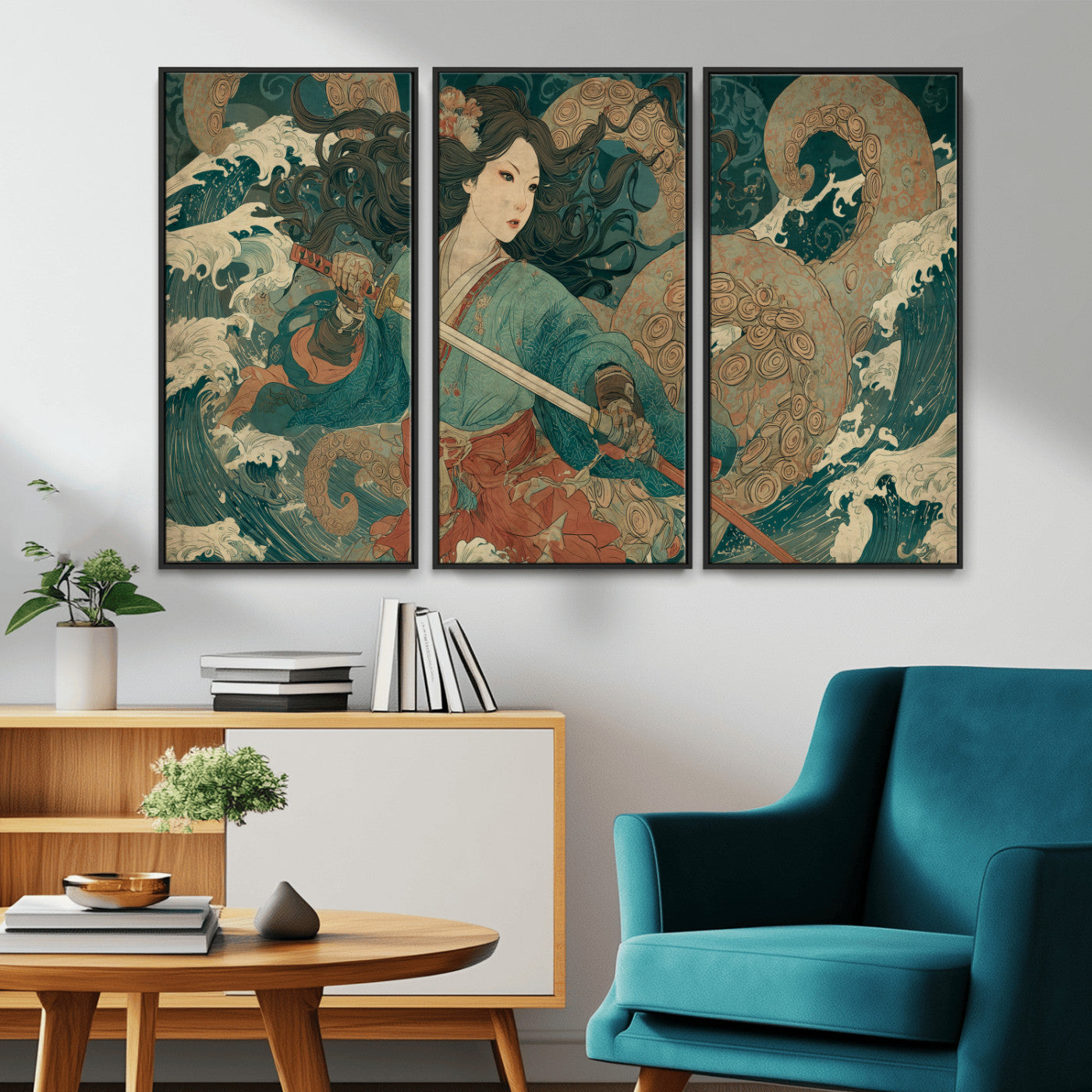 79740258-MGV-CV-36X24-Tsukioka Yoshitoshi Samurai Wall Art Print, Japanese Katana Warrior Canvas Wall Art, Octopus Sea Monster Canvas Print,