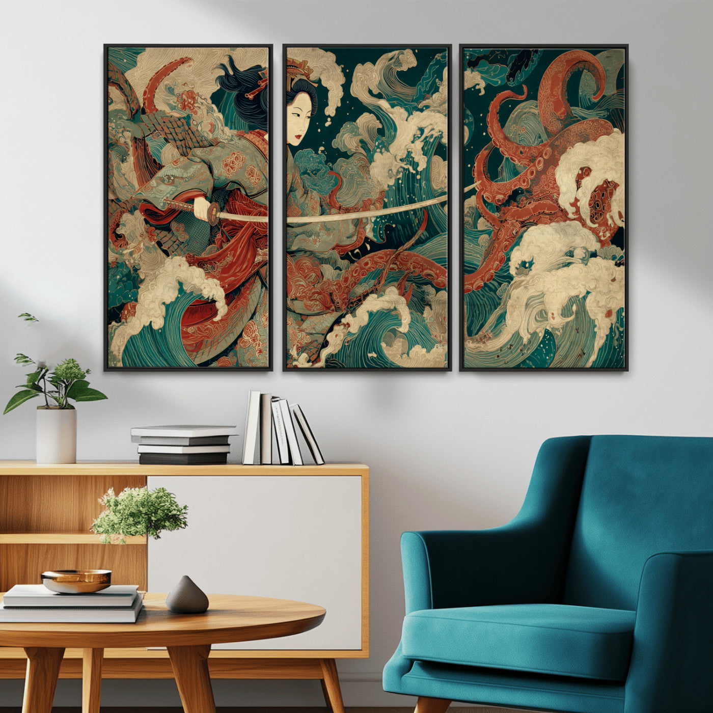 30212982-MGV-CV-36X24-Samurai Woman vs Octopus Wall Art – Japanese Ukiyo-e Style Warrior and Sea Monster Canvas Print, Mythology Inspired Artwork for