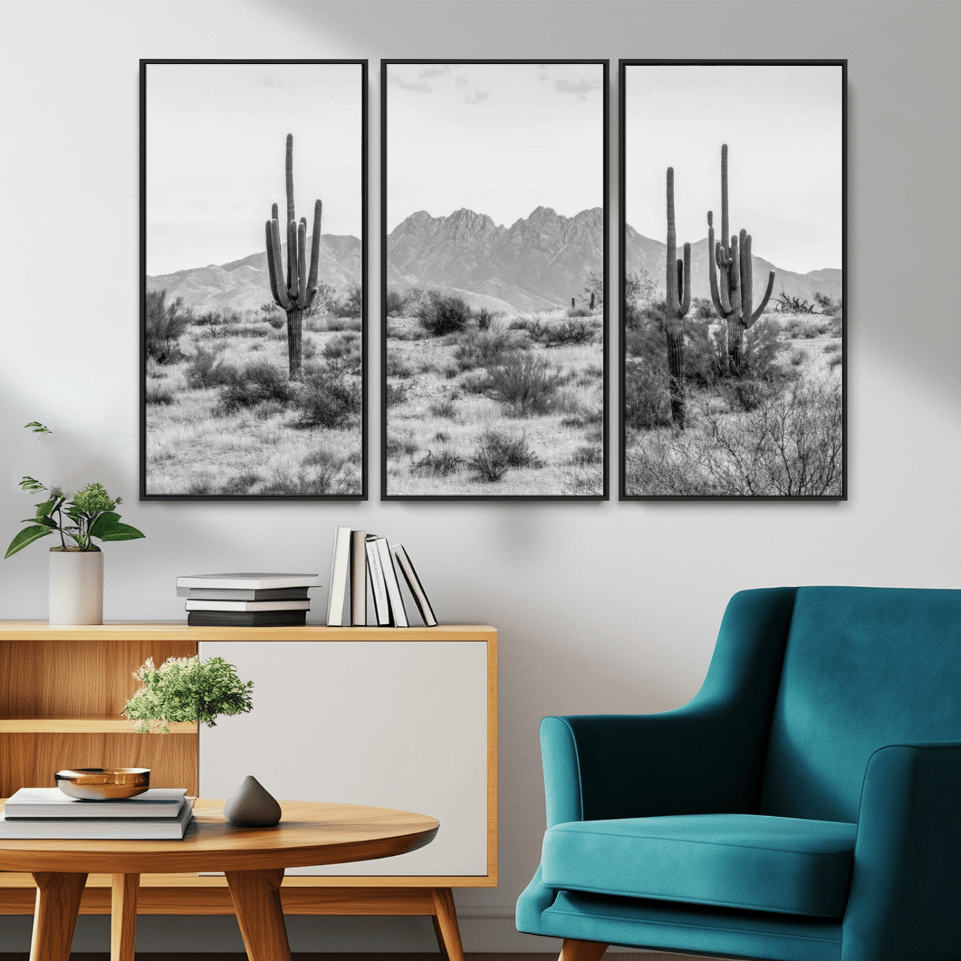 97436PHN-MGV-CV-36X24-Desert Landscape Wall Art – Black and White Cactus and Mountain Canvas Print, Southwestern Nature Photography for Living Room,