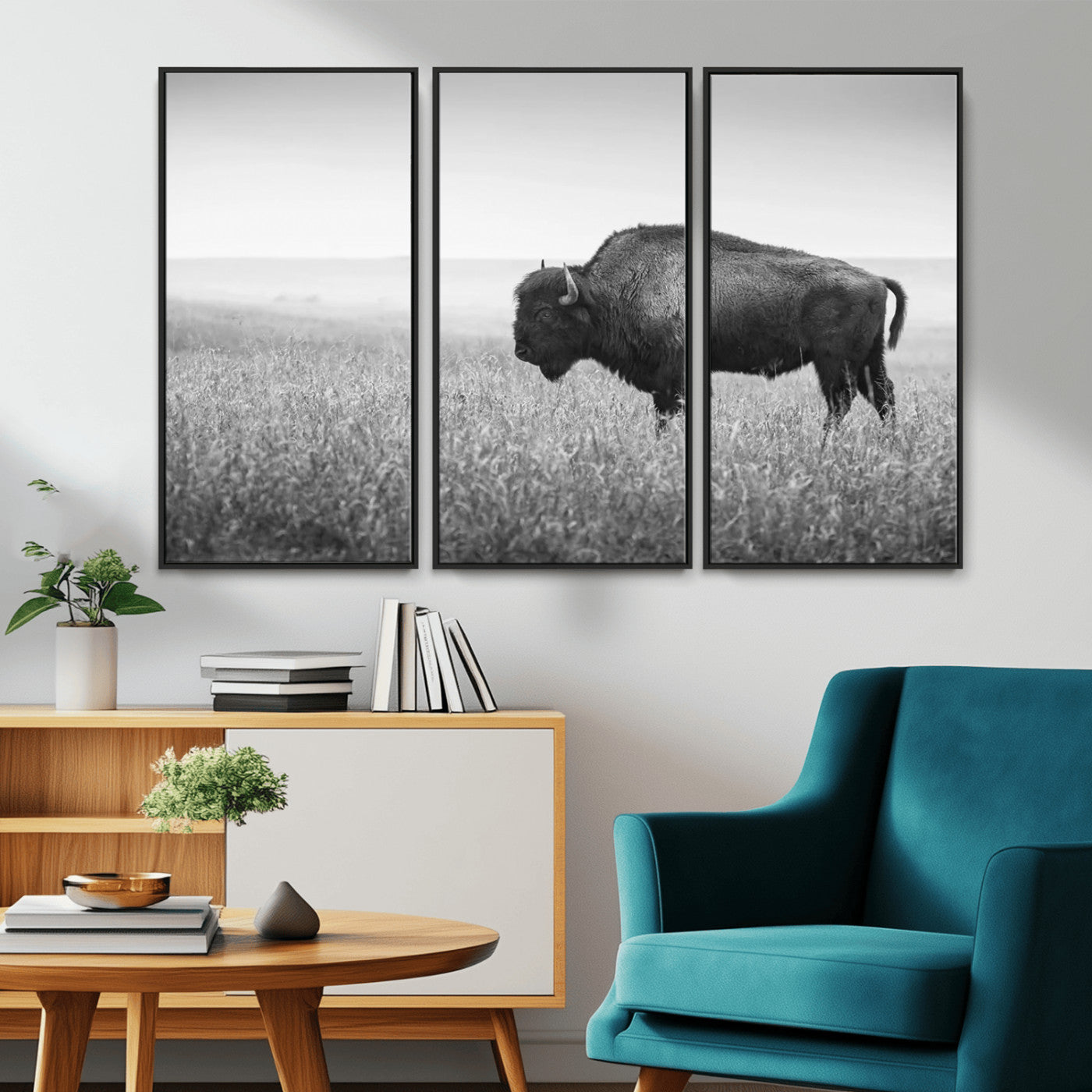 90861202-MGV-CV-36X24-Black and White Bison Canvas Wall Art – Rustic American Buffalo Print, Western Wildlife Photography for Farmhouse, Cabin, Office