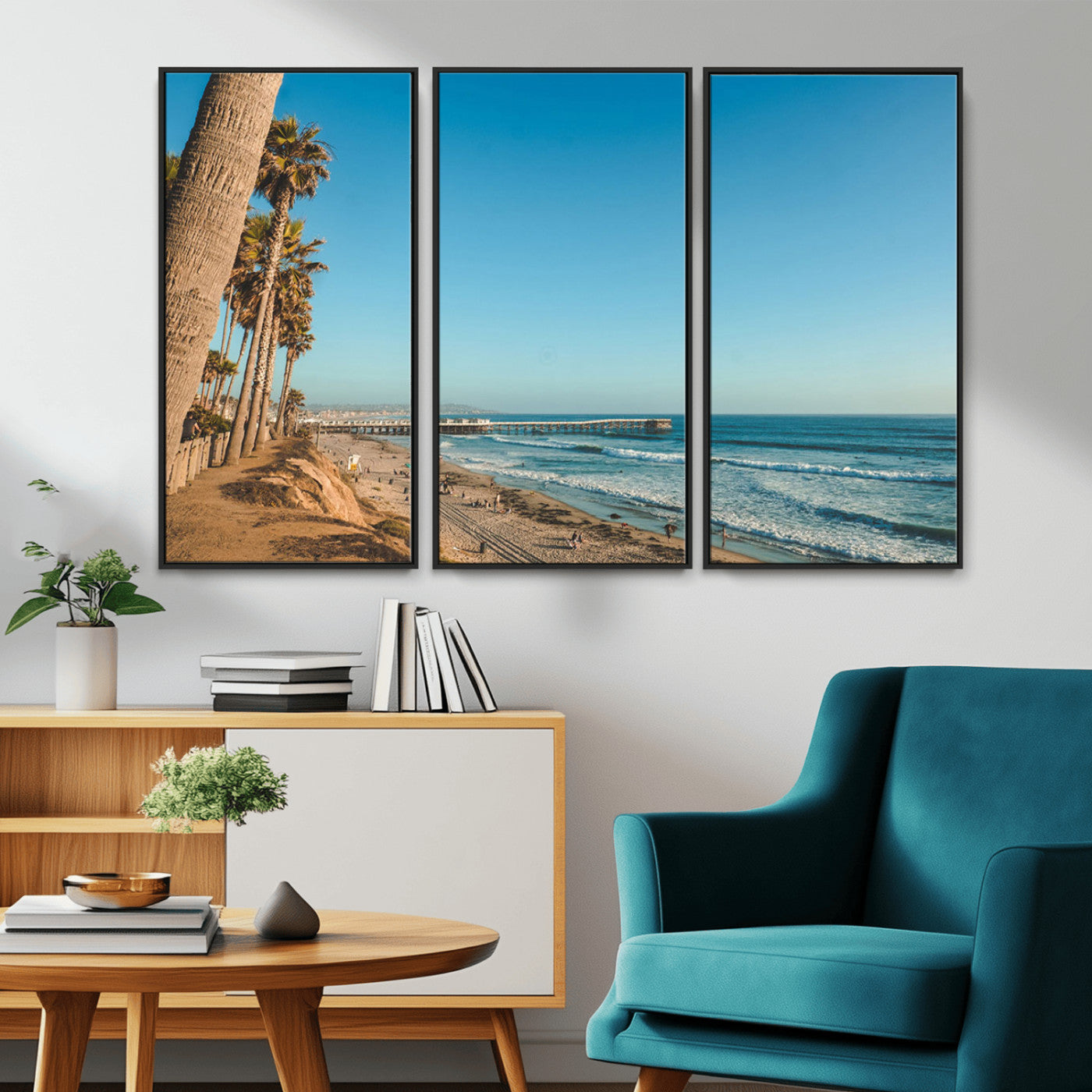 92568259-MGV-CV-36X24-California Beach Wall Art – Palm Tree Pier Canvas Print, Coastal Ocean Photography Seaside Decor for Living Room, Bedroom, Office,