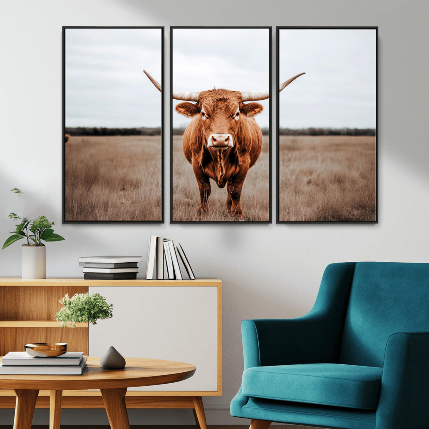 16316734-MGV-CV-36X24-Texas Longhorn Wall Art – Rustic Bull Portrait Canvas Print, Western Farmhouse Animal Photography Decor for Living Room, Office,