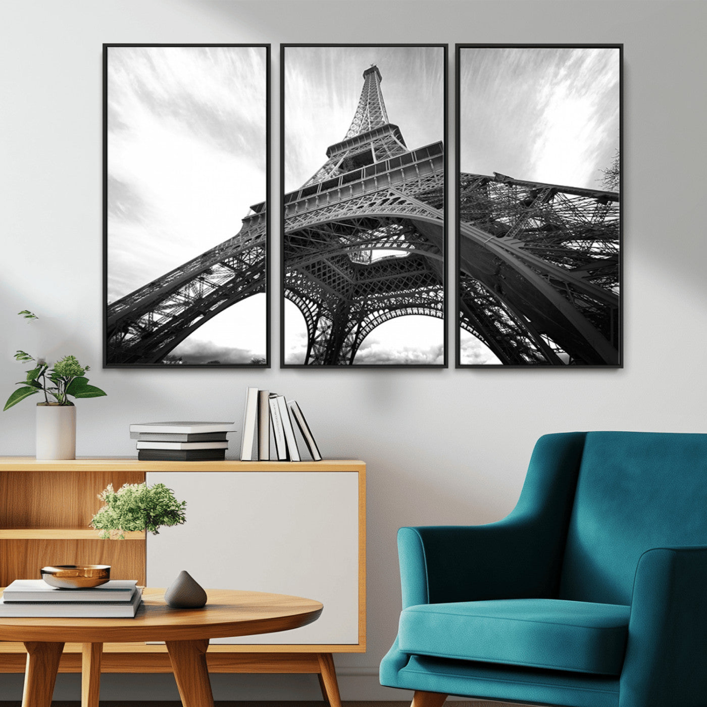 40006-MGV-FC-48X32-3P_Black-Eiffel Tower Wall Art – Black and White Architectural Photo Print, Paris Inspired Decor for Bedroom, Office, Studio or Modern