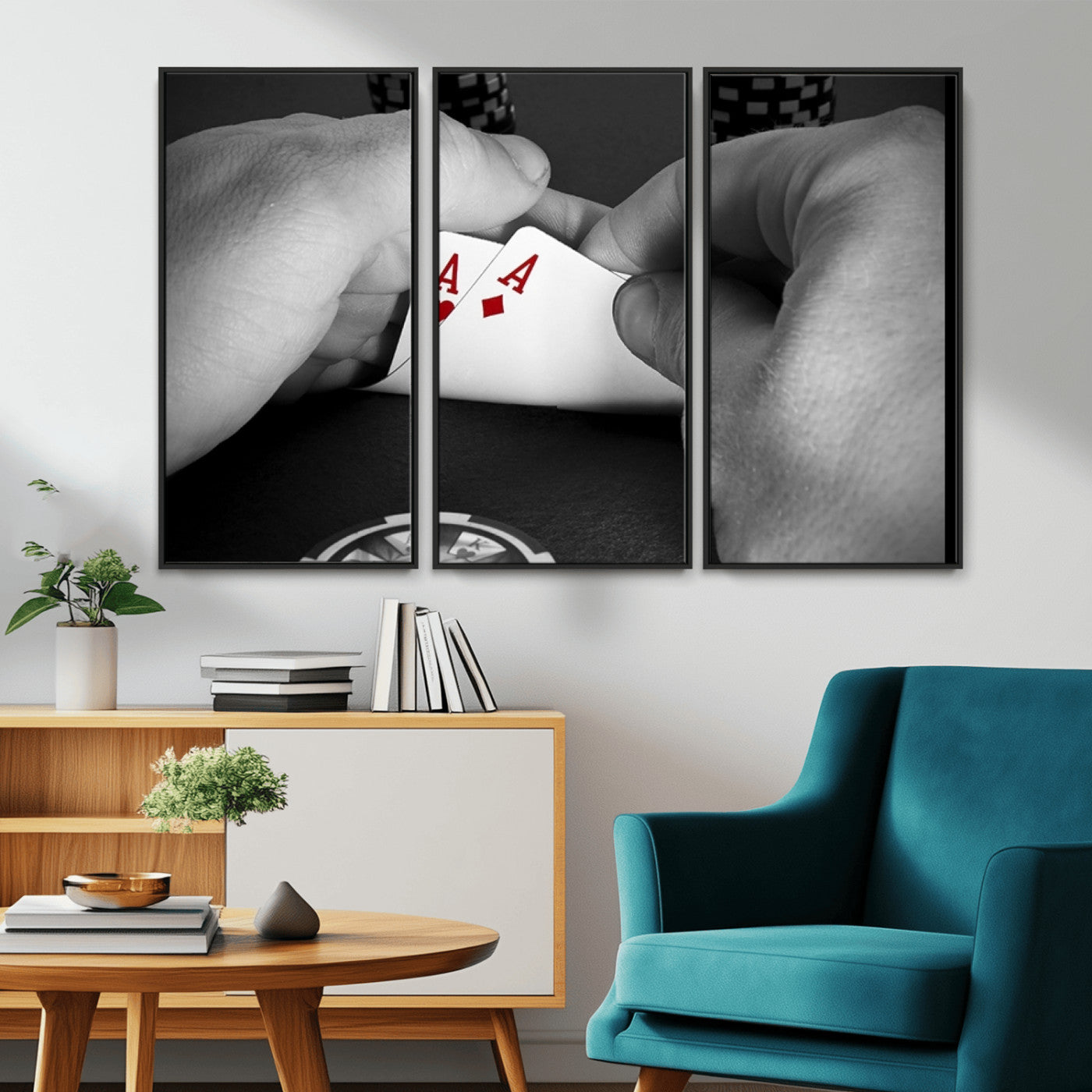 62460-MGV-CV-36X24-Poker Game Wall Art – Close Up of Hands Holding Aces with Chips, Casino Style Decor for Game Room, Man Cave or Office