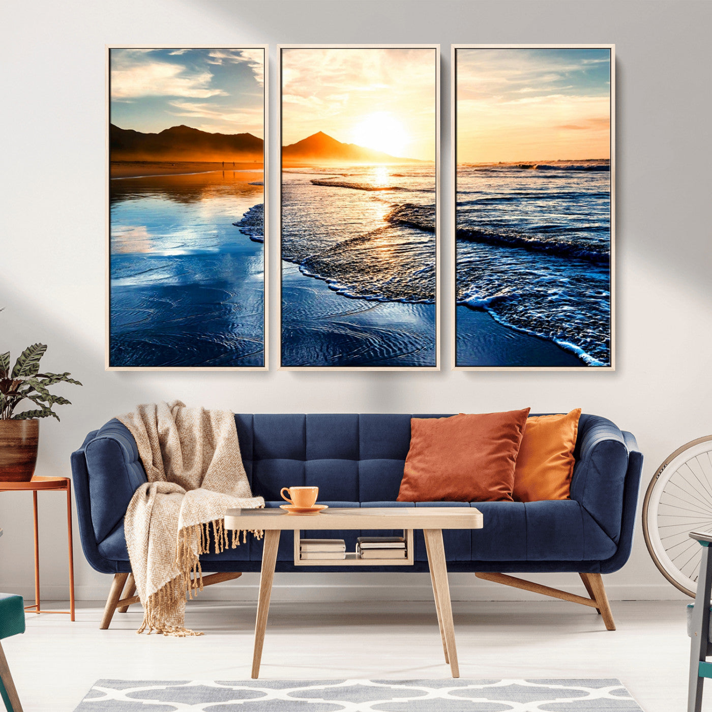 86173-MGV-CV-36X24-Golden Sunset Beach Wall Art – Reflective Ocean Canvas Print with Mountains and Waves, Coastal Nature Decor for Living Room,