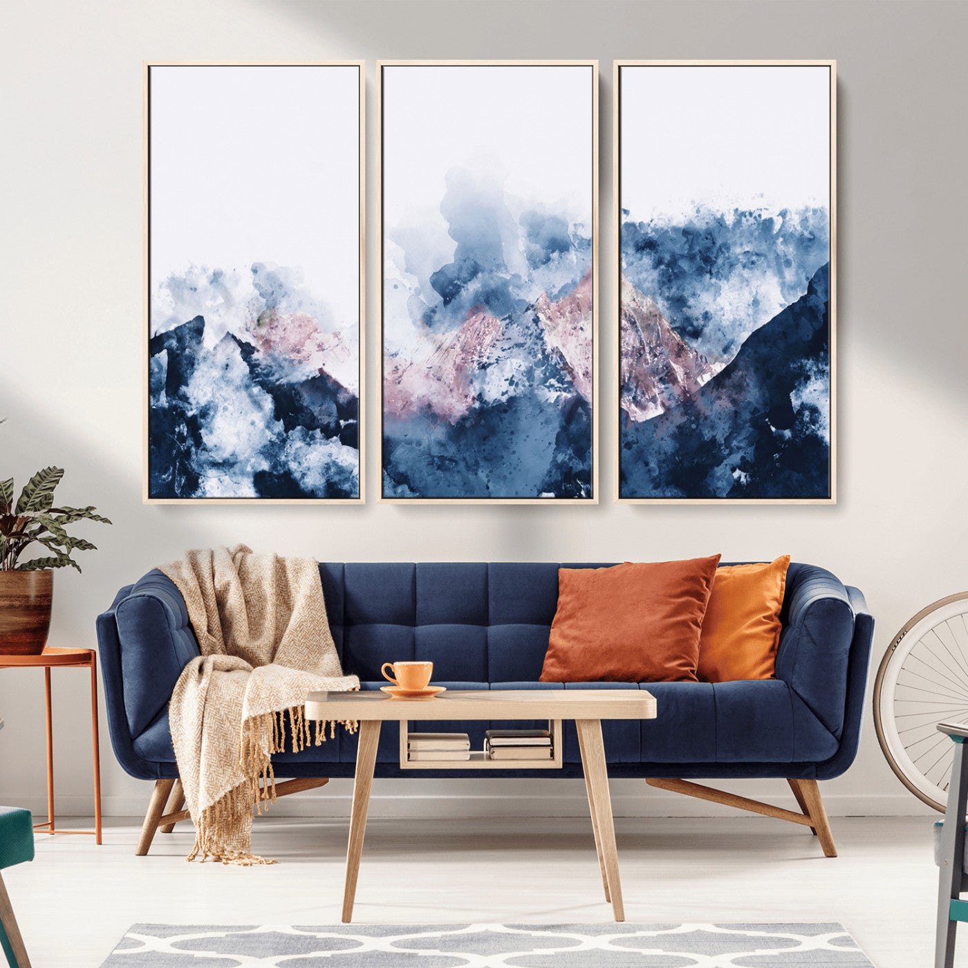 77592-MGV-CV-36X24-Abstract Mountain Watercolor Wall Art – Blue and Pink Canvas Print, Modern Nature Decor for Living Room or Bedroom