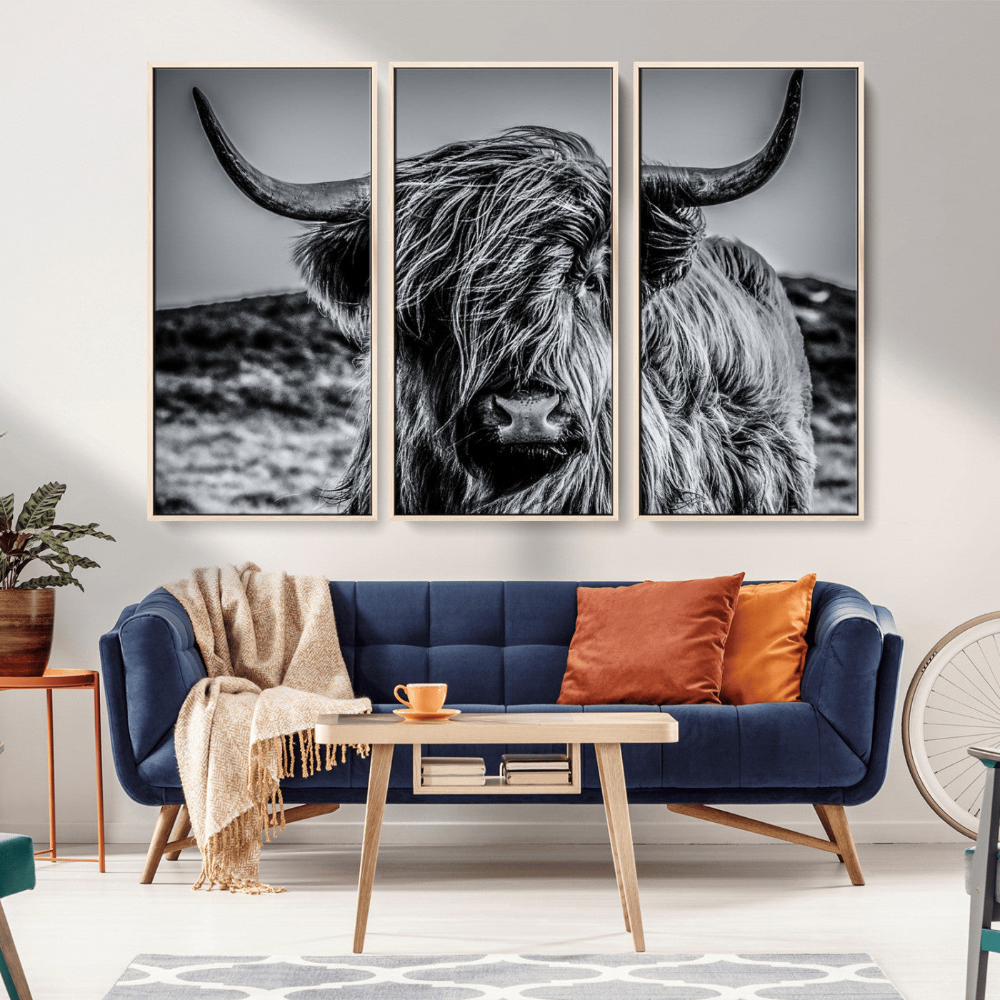 97372-MGV-CV-36X24-Elegant Highland Cow Wall Art – Black and White Canvas Print, Rustic Nature Decor for Home, Office, Living Room or Man Cave