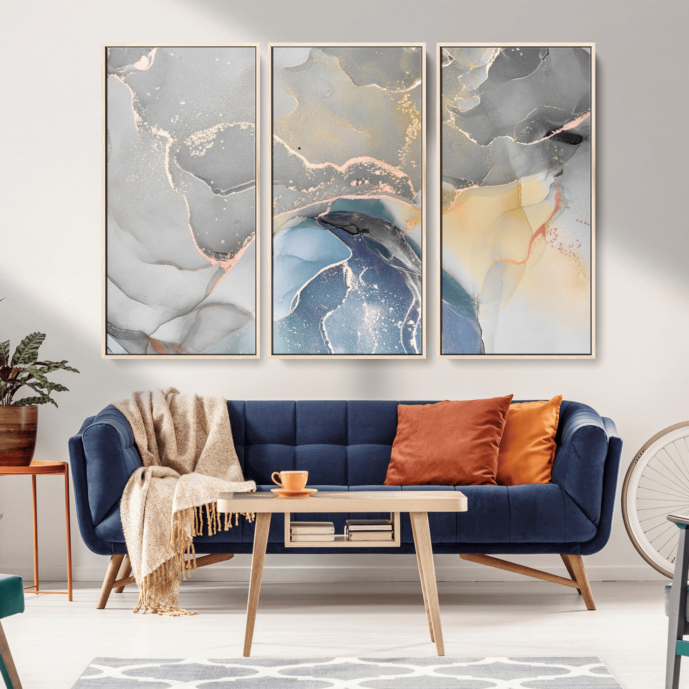 63211-MGV-CV-36X24-Abstract Fluid Art Wall Decor – Blue, Gray & Gold Canvas Print, Modern Home and Office Wall Art Decor for Living Room, Bedroom or