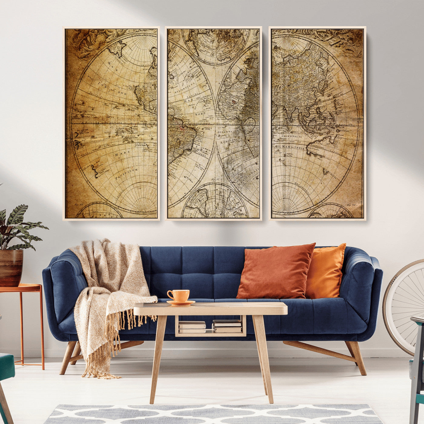 27265-MGV-CV-36X24-Vintage World Map Wall Art – Antique Double Hemisphere Globe Canvas Print, Classic Sepia-Toned Cartography Decor for Living Room,
