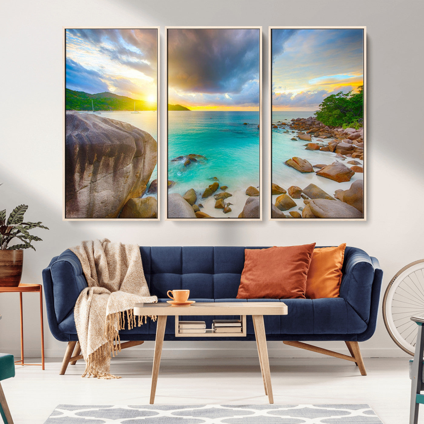 23769-MGV-FC-48X32-3P_Natural-Tropical Beach Sunset Wall Art – Ocean Waves and Rocky Shore Canvas Print, Coastal Seascape Photography Decor