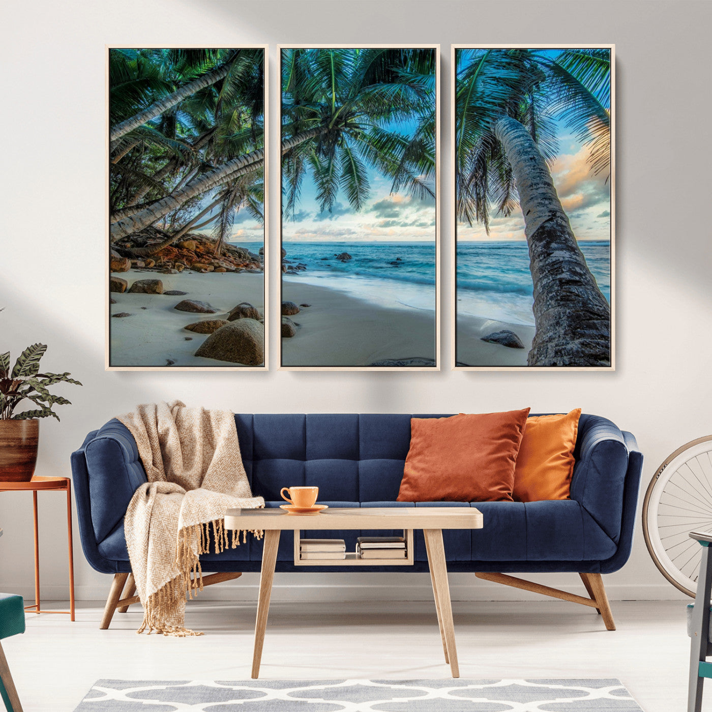 39679-MGV-FC-48X32-3P_Natural-Tropical Palm Beach Wall Art – Serene Ocean Canvas Print with Palm Trees and Rocks, Coastal Paradise Decor for Living Room or