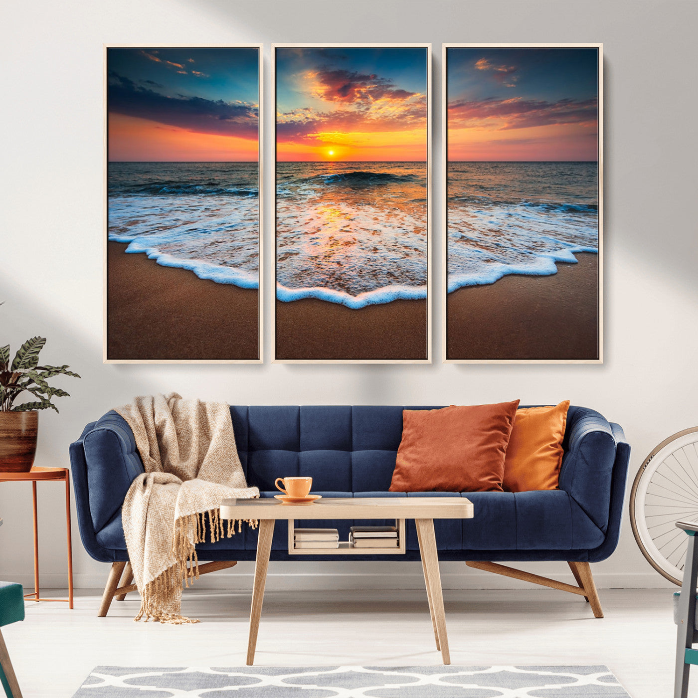 16110-MGV-FC-48X32-3P_Natural-Ocean Sunset Wall Art – Vibrant Beach Waves and Horizon Canvas Print, Relaxing Coastal Seascape Decor for Living Room or Bedroom