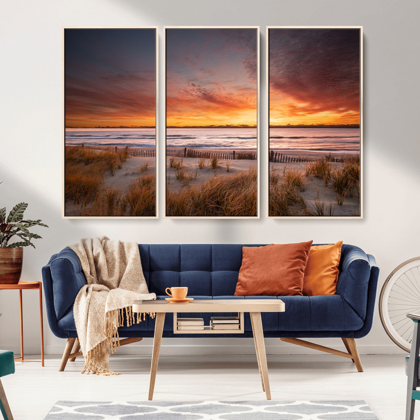 90176-MGV-FC-48X32-3P_Natural-Beach Sunset Wall Art – Coastal Sand Dune Canvas Print with Ocean Waves and Dramatic Sky, Seaside Landscape Decor for Living Room