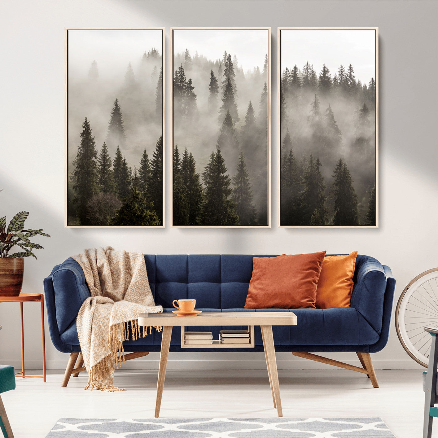 62862-MGV-FC-48X32-3P_Natural-Misty Forest Wall Art – Tranquil Pine Tree Canvas Print with Mountain Fog, Nature Landscape Artwork for Living Room, Bedroom, or