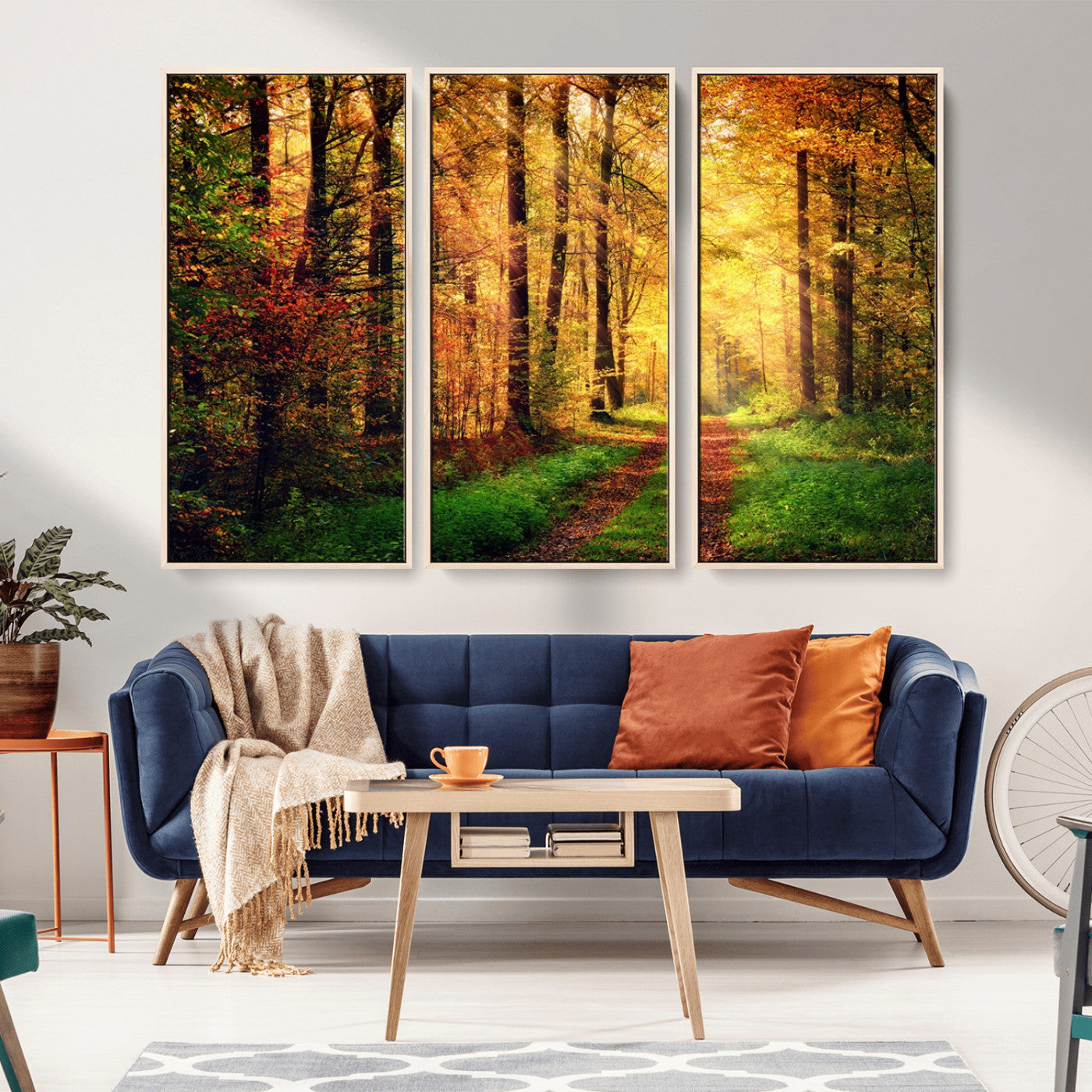 73494-MGV-FC-48X32-3P_Natural-Golden Autumn Forest Path Wall Art – Sunlit Woodland Canvas Print, Fall Nature Landscape Home Decoration
