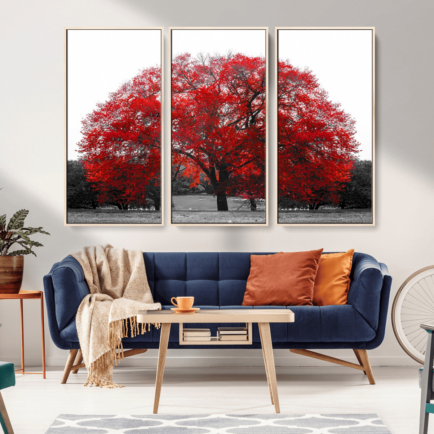 80021-MGV-FC-48X32-3P_Natural-Red Tree Wall Art – Striking Black and White Landscape Canvas Print with Vibrant Red Leaves, Modern Nature Decor for Living Room