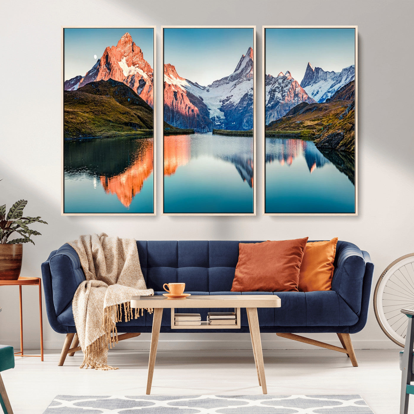88453-MGV-FC-48X32-3P_Natural-Mountain Lake Wall Art – Snow-Capped Peaks Reflected in Alpine Water Canvas Print, Nature Landscape Wall Decor for Living Room or