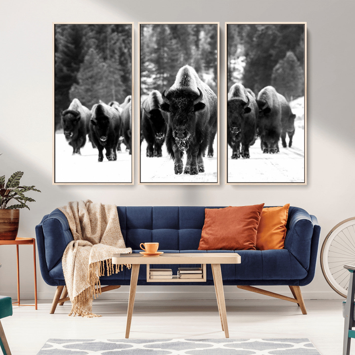 62434-MGV-CV-36X24-Bison Herd Wall Art – Majestic Black and White Buffalo Canvas Print, Wildlife Nature Photography Decor for Living Room, Office or