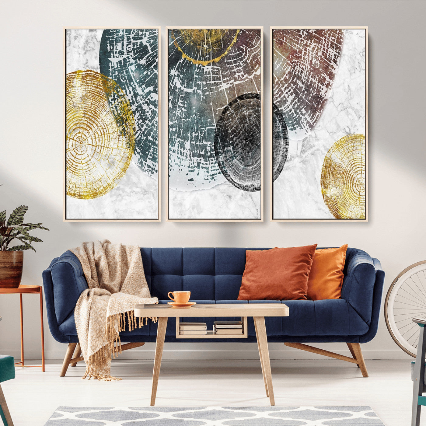 70653-MGV-CV-36X24-Abstract Tree Ring Wall Art – Modern Rustic Wood Slice Canvas Print with Gold Accents, Contemporary Nature Decor for Living Room,