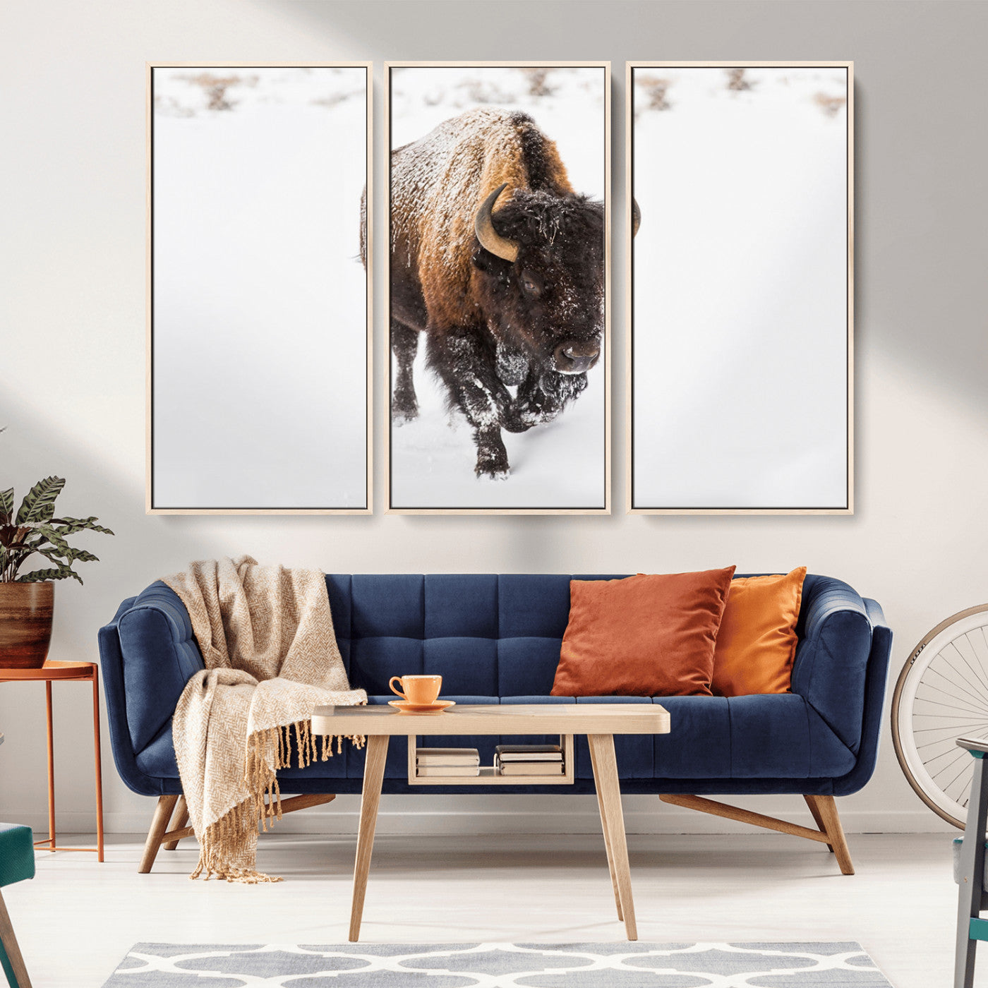 19889-MGV-FC-48X32-3P_Natural-Snow Bison Wall Art – Majestic Buffalo Winter Landscape Canvas Print, Rustic Wildlife Photography Decor for Cabin, Lodge, Living